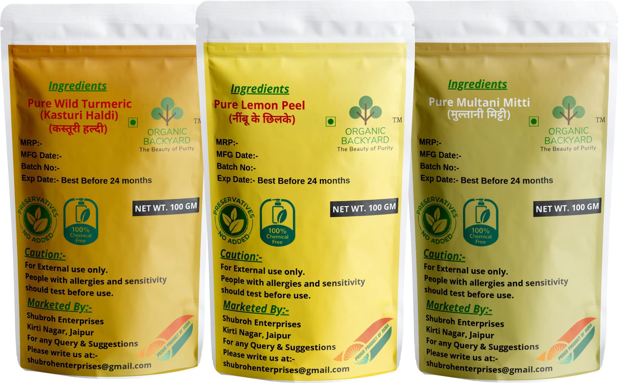 Organic Wild Turmeric (Kasturi Haldi) & Multani Mitti Clay with Lemon Peel Powder Combo - 100% Natural Face Care Treatment for Glowing Skin - 100g Each - Perfect for DIY Face Masks, Brightening & Acne Control