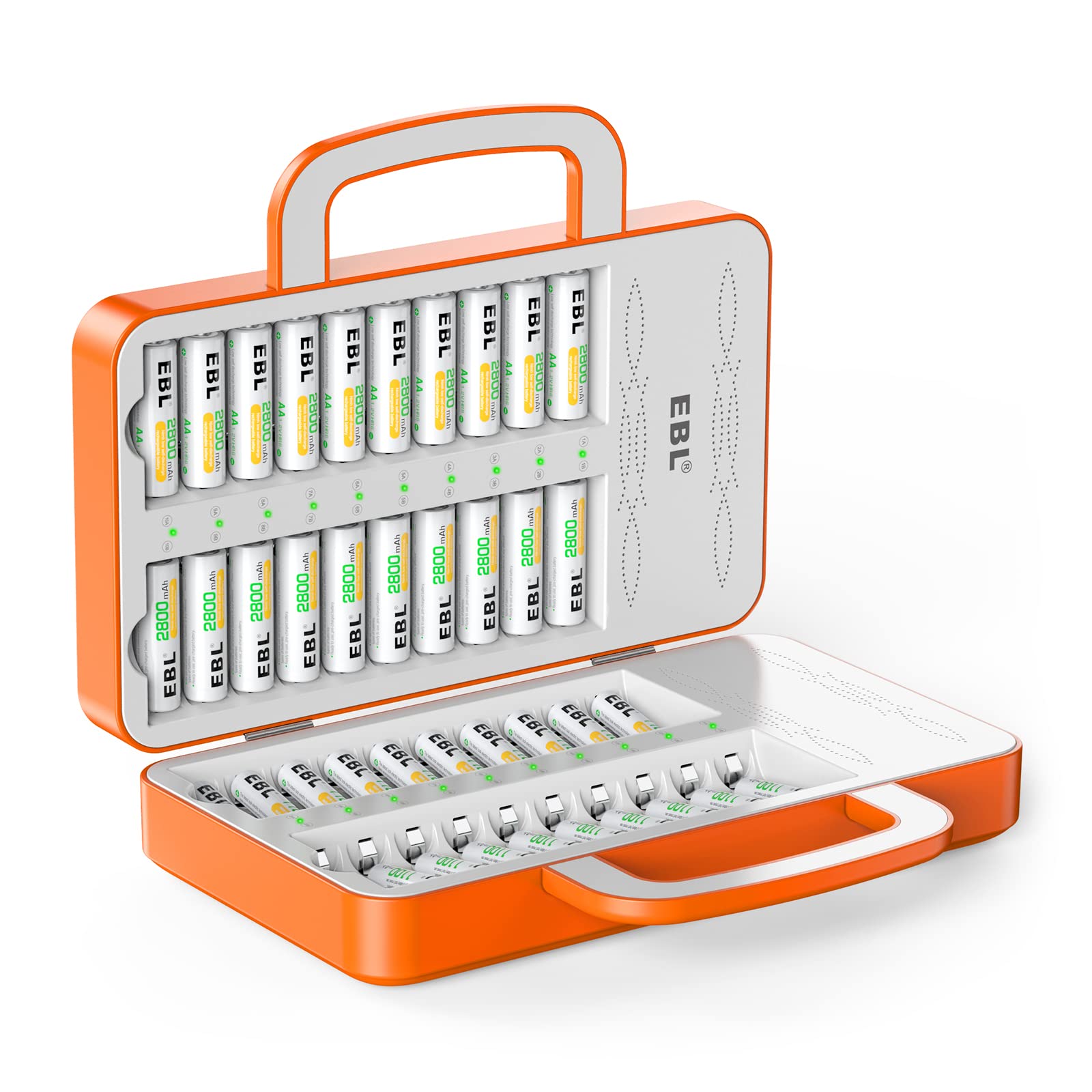 EBL 40-Slot AA AAA Battery Charger for 2/4/6/8/10/12/14/16/18/20/22/24/26/28/30/32/34/36/38/40 Rechargeable Batteries - Fast Multi-Charger with LCD Display & Handle Design (Batteries Not Included) - Perfect for Home, Office, Camera, Toys, and Electronics
