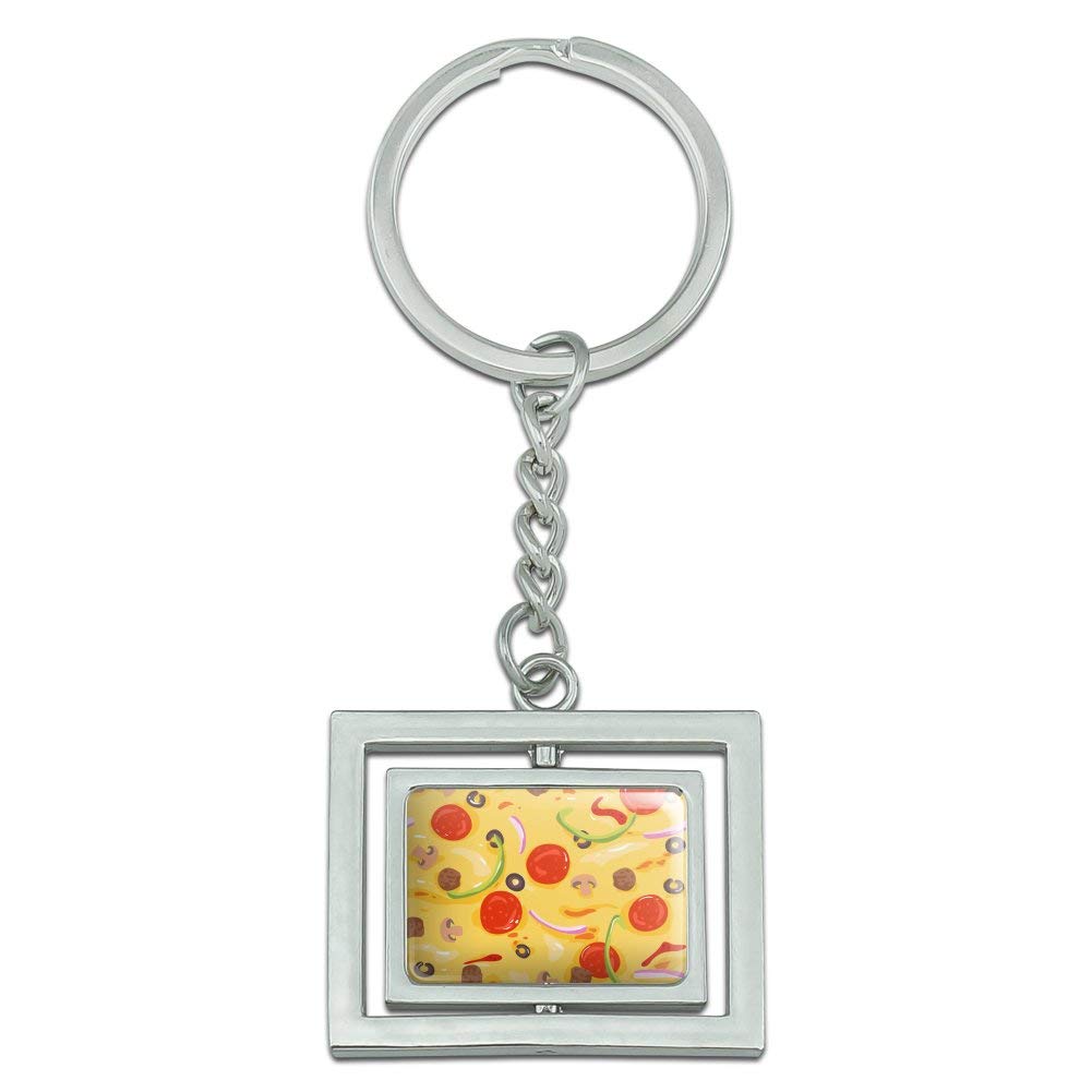 Premium Spinning Rectangle Chrome Plated Pizza Keychain - Pepperoni, Olives & Onions Design - Unique Gift for Pizza Lovers, Foodies & Keychain Collectors (Perfect for Keys, Backpacks & Gifts)