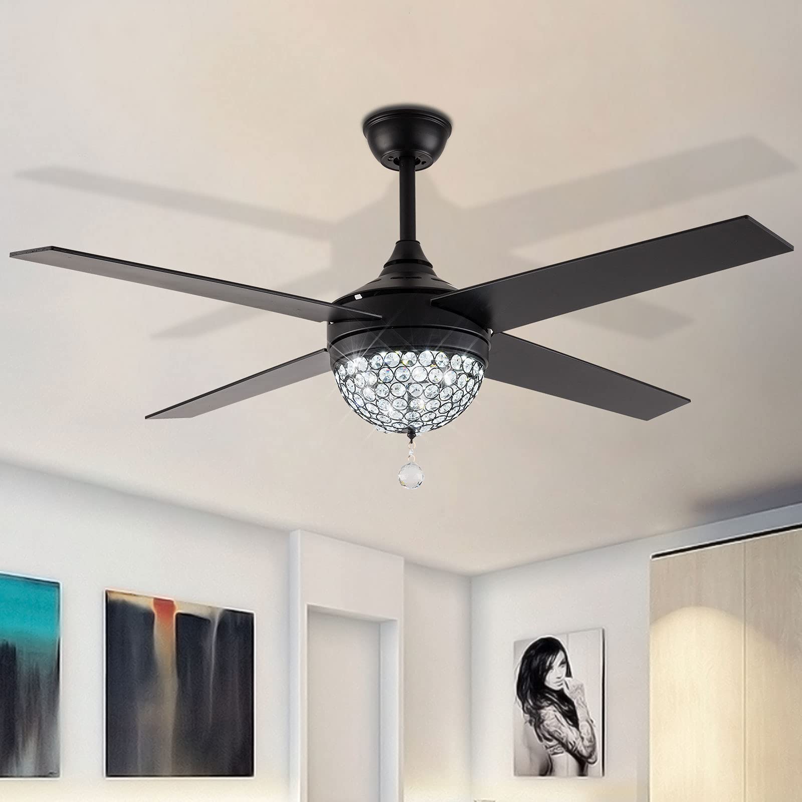 42 Inch Crystal Ceiling Fan with Lights & Remote Control - 4 Blade Modern Chandelier Fan for Bedroom, Living Room, Kids Room (Black) | Perfect for Home Cooling & Stylish Decor