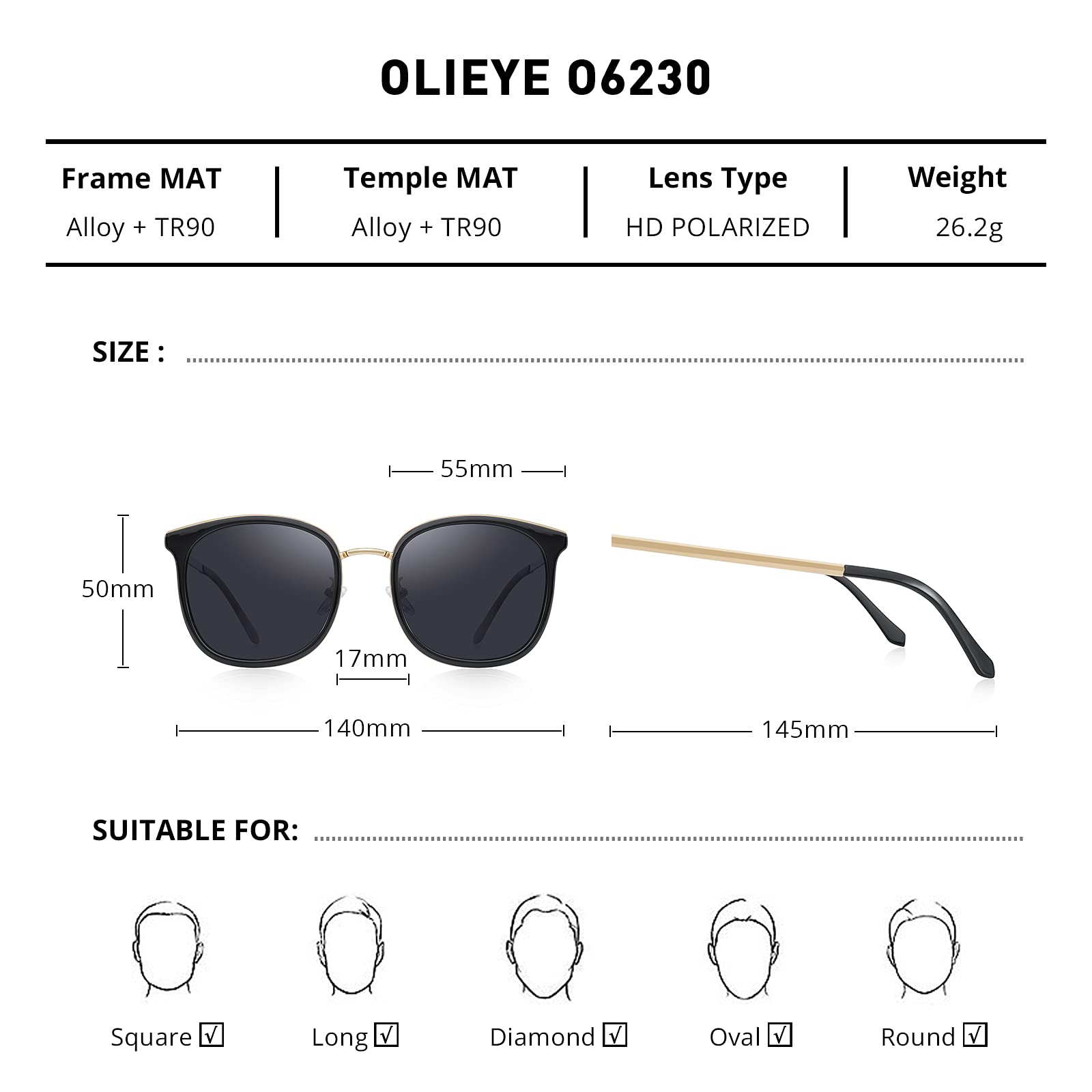 Stylish Polarized Sunglasses for Women & Men - UV Protection Oversized Rectangular Metal Frame - Perfect for Driving, Beach & Outdoor Activities