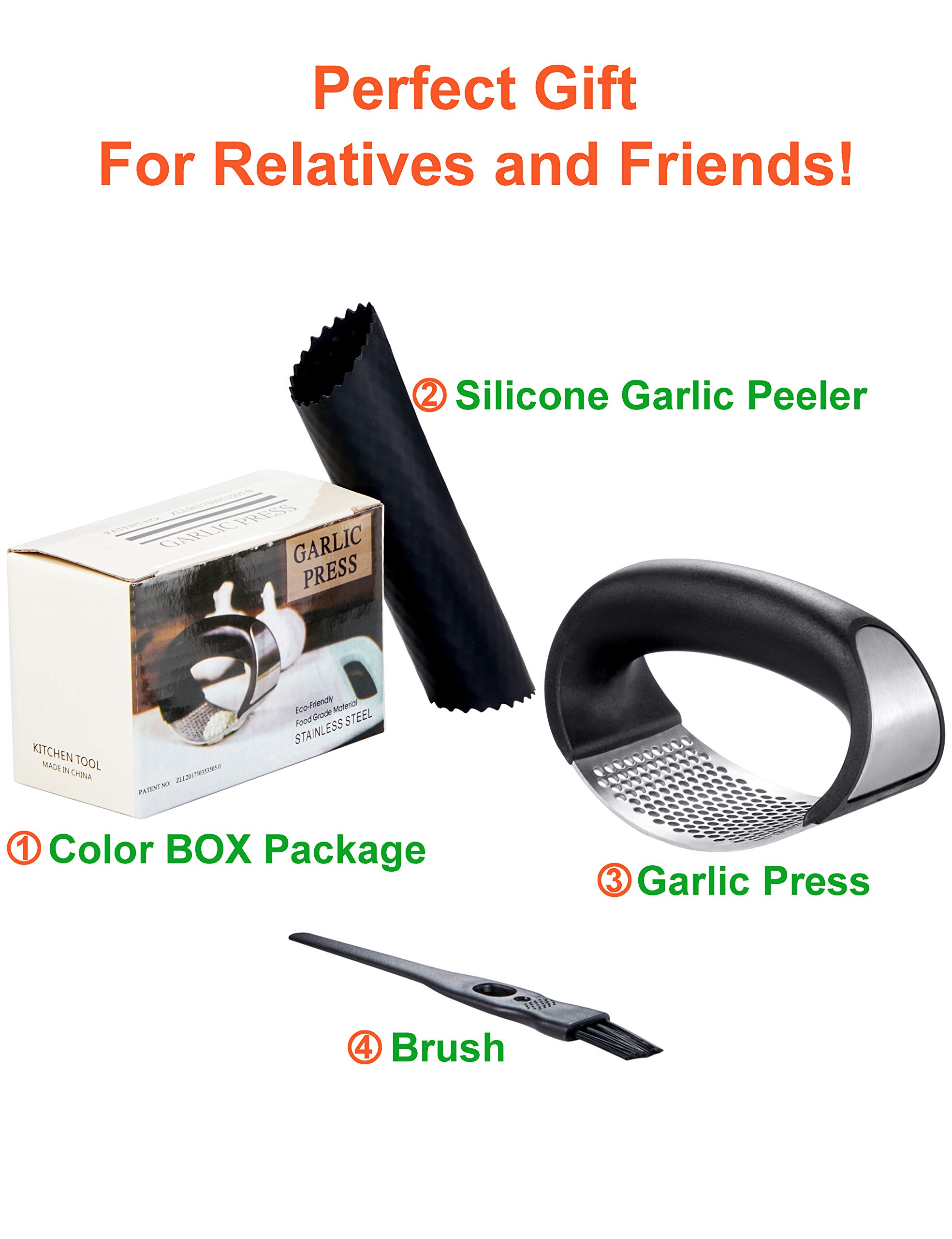 Premium Stainless Steel Garlic Press & Mincer with Peeler & Cleaning Brush - Heavy Duty Garlic Chopper, Grinder, Slicer for Fresh Cloves - Perfect for Cooking, Baking & Meal Prep (Black)