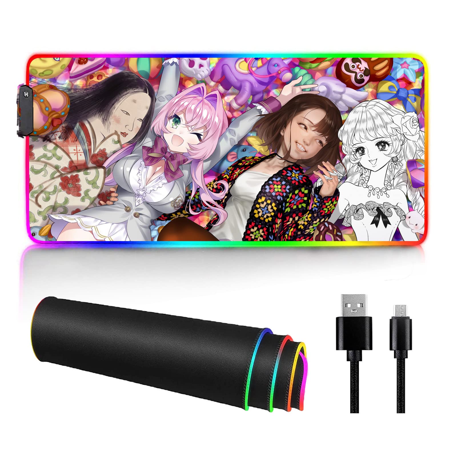 Anime Girl RGB Gaming Mouse Pad - Cute Anti-Slip Rubber Base, Extra Large Extended Soft LED Mouse Mat (15.7