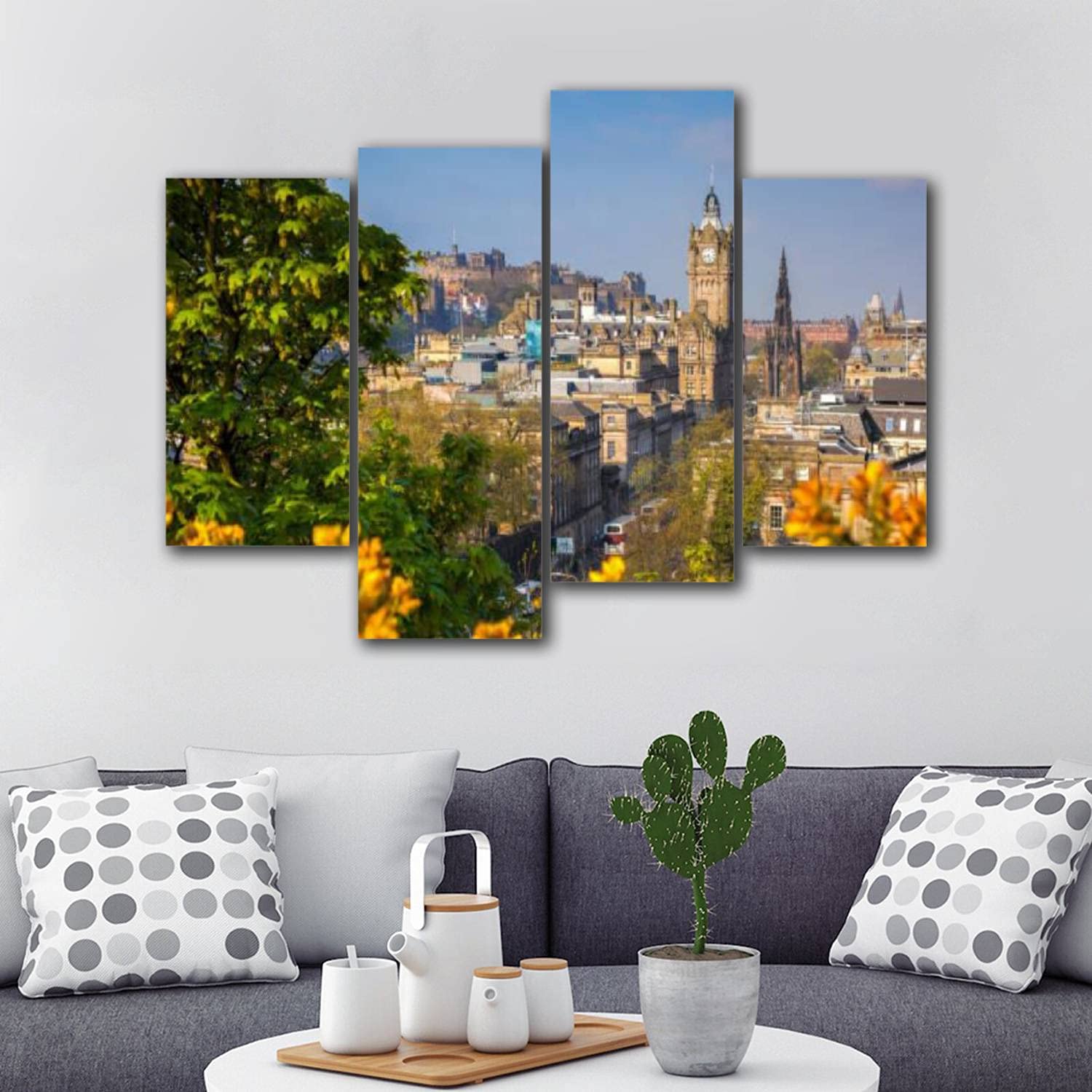 Vintage Edinburgh Old Town Spring Floral Canvas Wall Art - 4 Piece Framed Painting Prints for Living Room, Bedroom & Office Decor | Scotland Landscape Gallery Poster Set | Perfect for Home, Office & Gift Giving