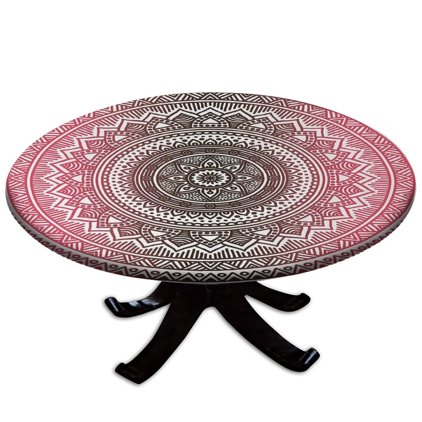 SongYi Boho Fitted Round Tablecloth - Elastic Edge Waterproof Table Cover for 44'' Round Table, Washable & Wipeable Fabric for Indoor Outdoor Party, Dining, Picnic, Wedding - Light Pink