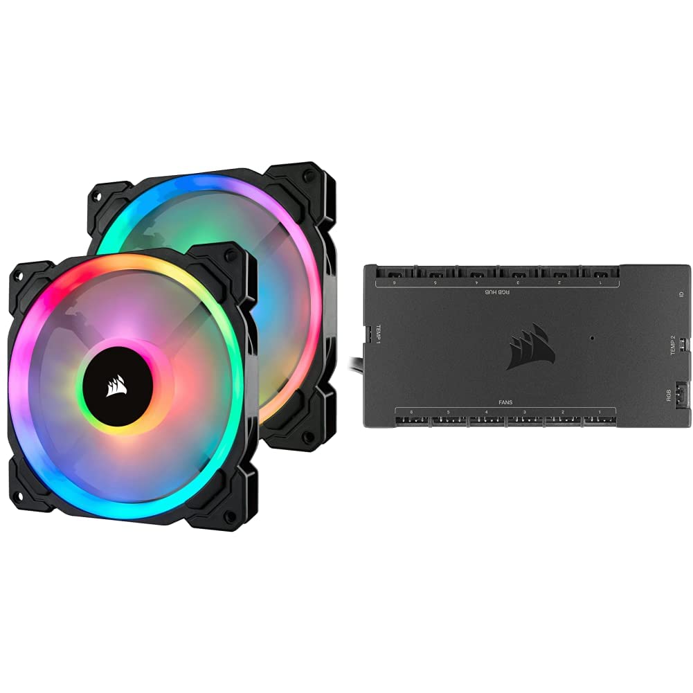 Corsair LL140 RGB 140mm Dual Light Loop PWM Fan 2-Pack with Lighting Node Pro & iCUE Commander CORE XT - High Performance Digital RGB PC Case Cooling Fans for Gaming PC Builds, Liquid Cooling Systems & Custom RGB Setup - Ideal for PC Enthusiasts, Streamers & Content Creators - Perfect for Enhancing Gaming Rigs, Workstations & RGB PC Mods