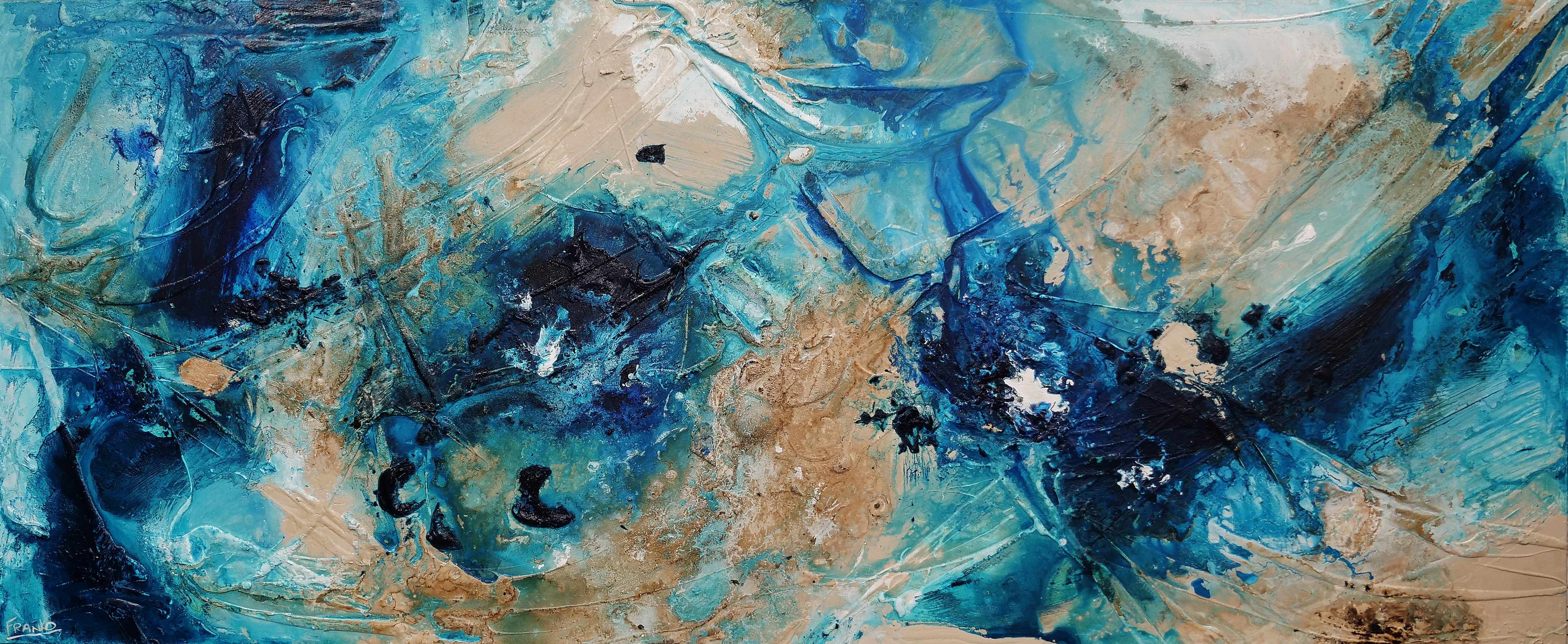 240cm x 100cm Teal Cream Textured Abstract Ocean Wall Art Painting - Modern Coastal Home Decor for Living Room, Bedroom & Office