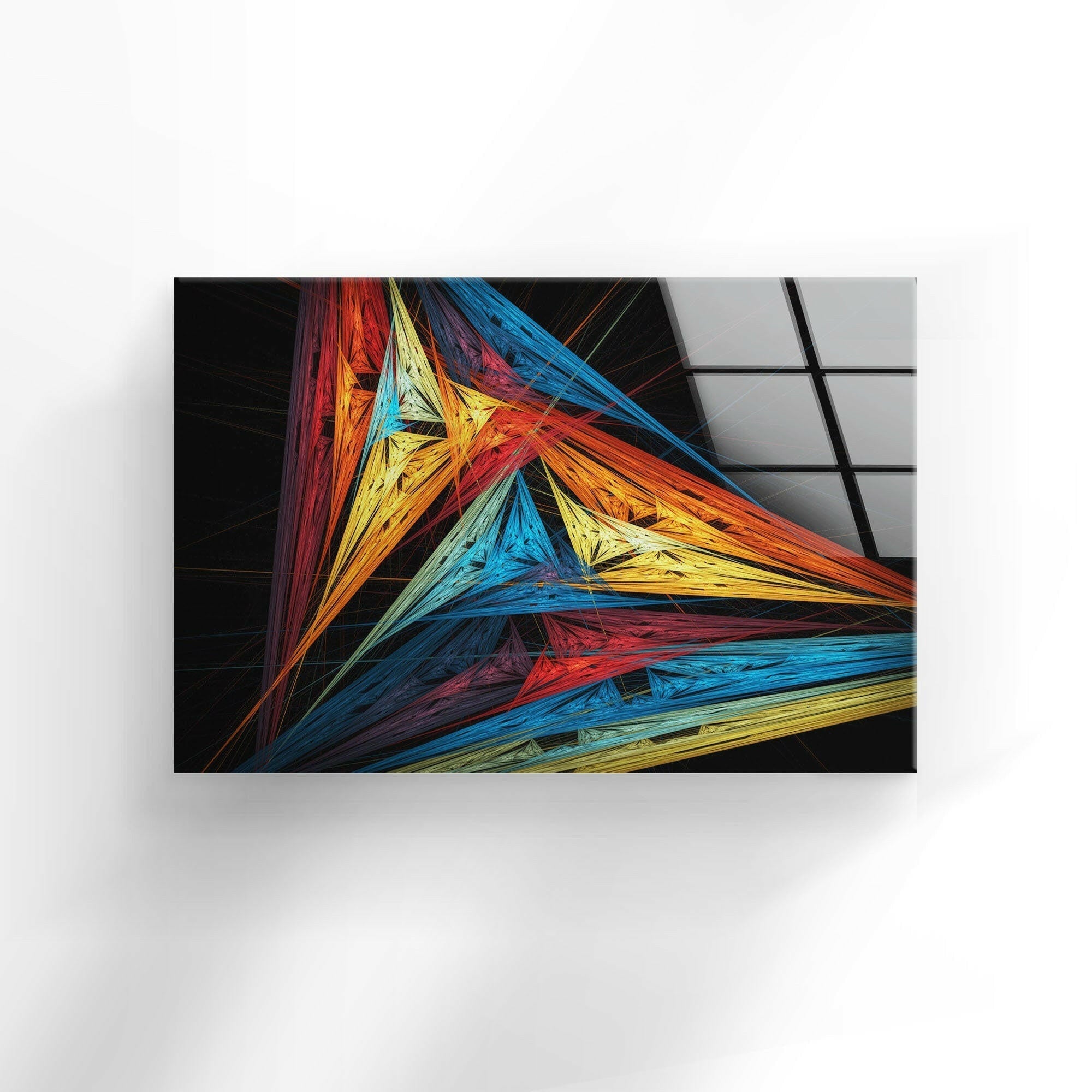 Abstract Triangle Glass Wall Art - Modern Geometric Home Decor for Living Room, Bedroom & Office - Handmade Shatterproof Glass Panel with Adhesive Hooks for Easy Installation