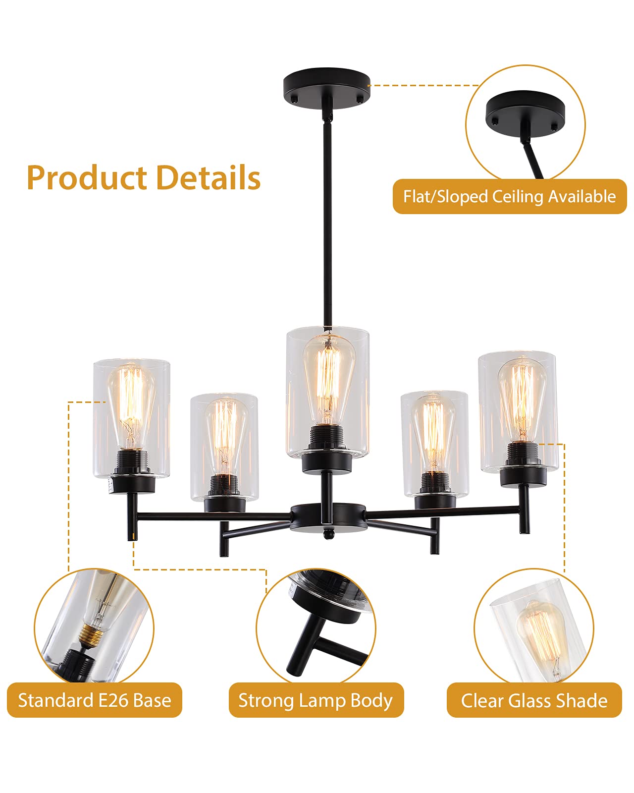 Black Farmhouse Chandelier - 5-Light Industrial Ceiling Pendant with Clear Glass Shades for Dining Room, Living Room, Bedroom, Kitchen & Foyer | Rustic Home Lighting Fixture for Modern Farmhouse Decor