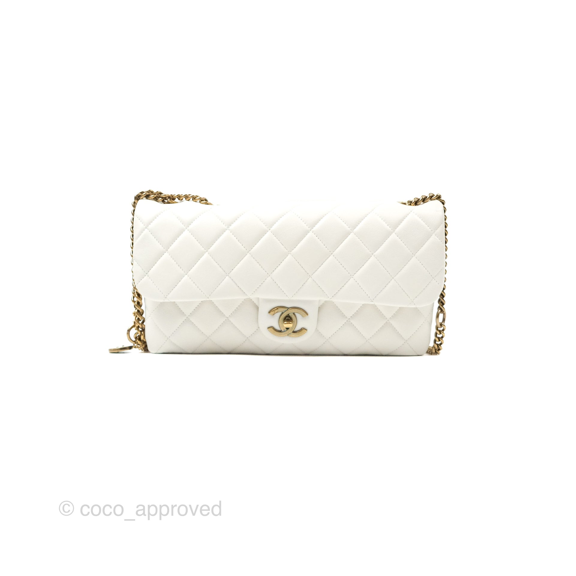 Chanel CC Crown Flap Bag in White Calfskin with Antique Gold Hardware - Luxury Crossbody Purse for Women, Perfect for Evening Events & Date Nights