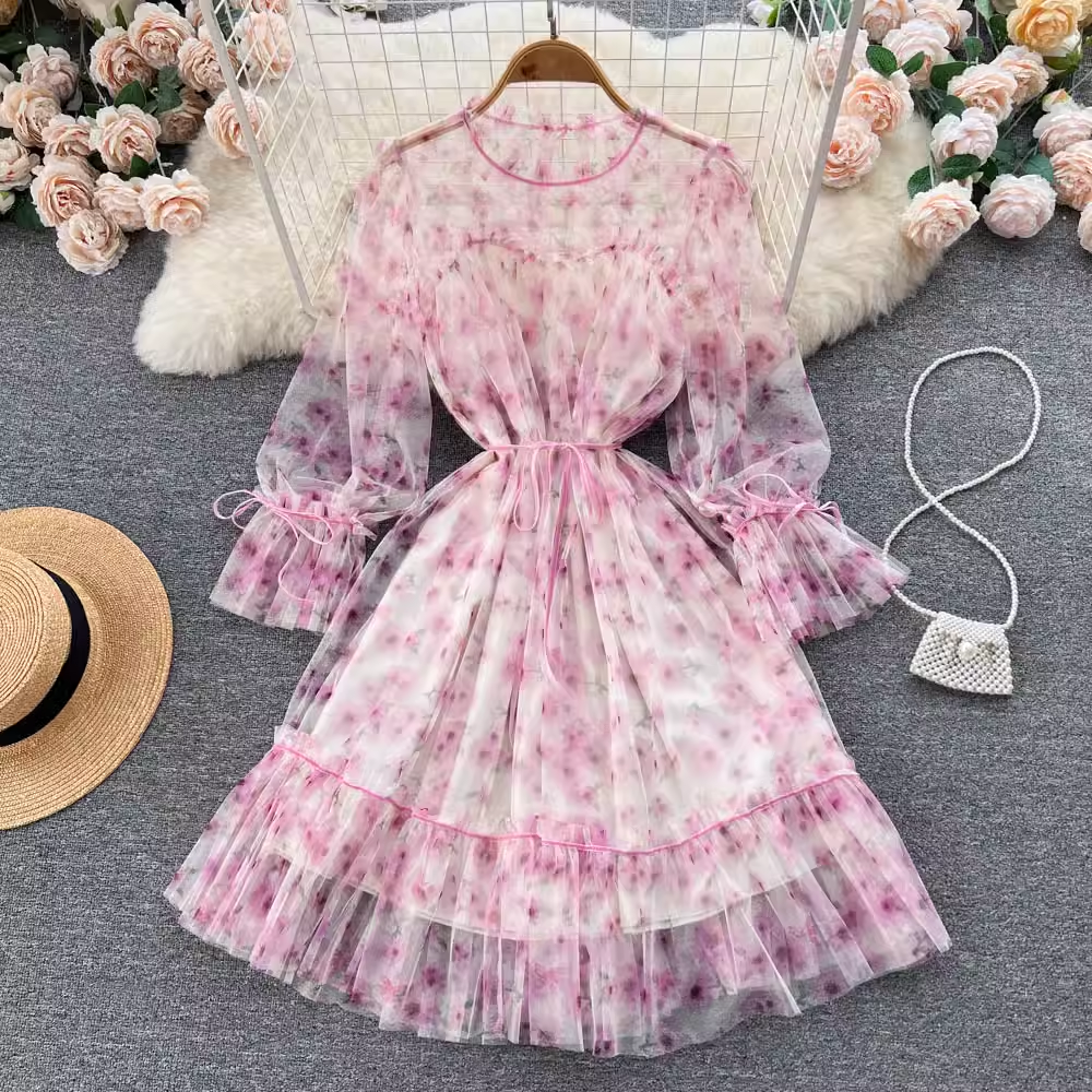 French Sweet Long Sleeve Mesh Floral Princess Dress for Women | Elegant Autumn Party Gown | Perfect for Weddings, Tea Parties & Formal Occasions
