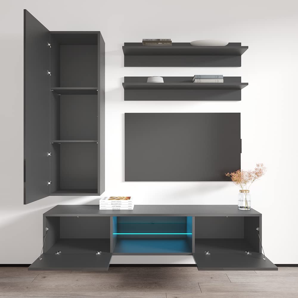 Modern Wall-Mounted TV Stand with Storage Shelves & LED Lights - 33