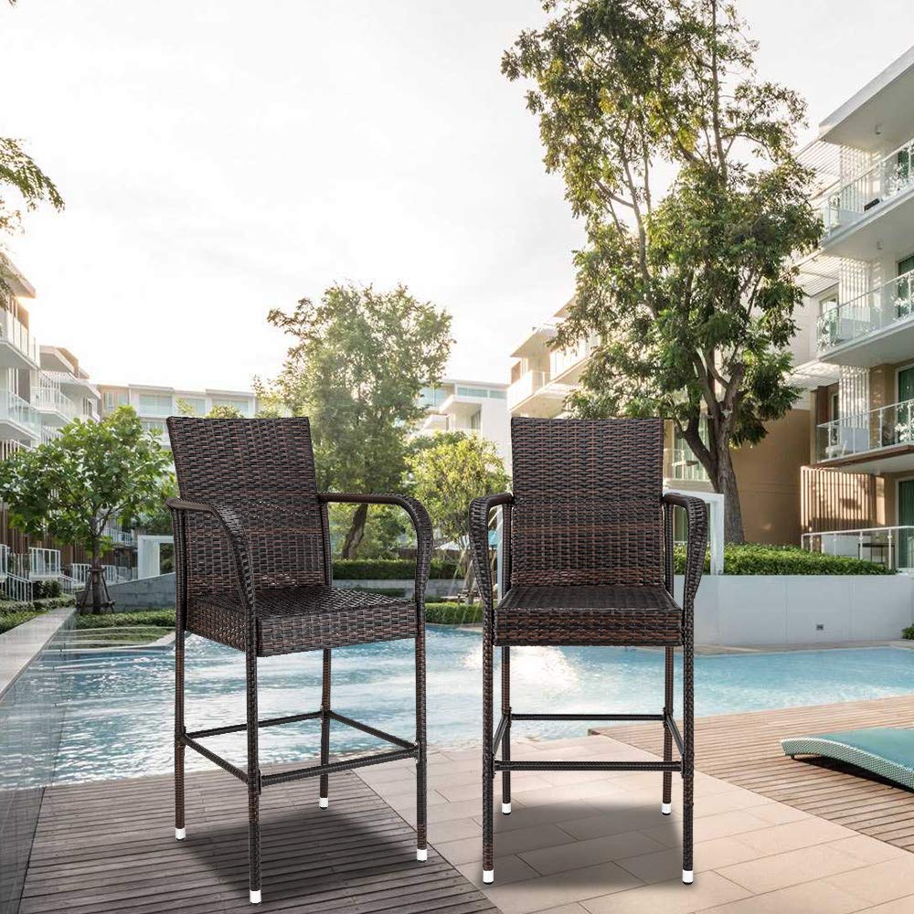 VINGLI Set of 2 Outdoor Wicker Bar Stools - Patio Bar Height Chairs for Garden, Pool, Lawn & Backyard - Perfect for Outdoor Dining, Entertaining & Relaxing by the Pool