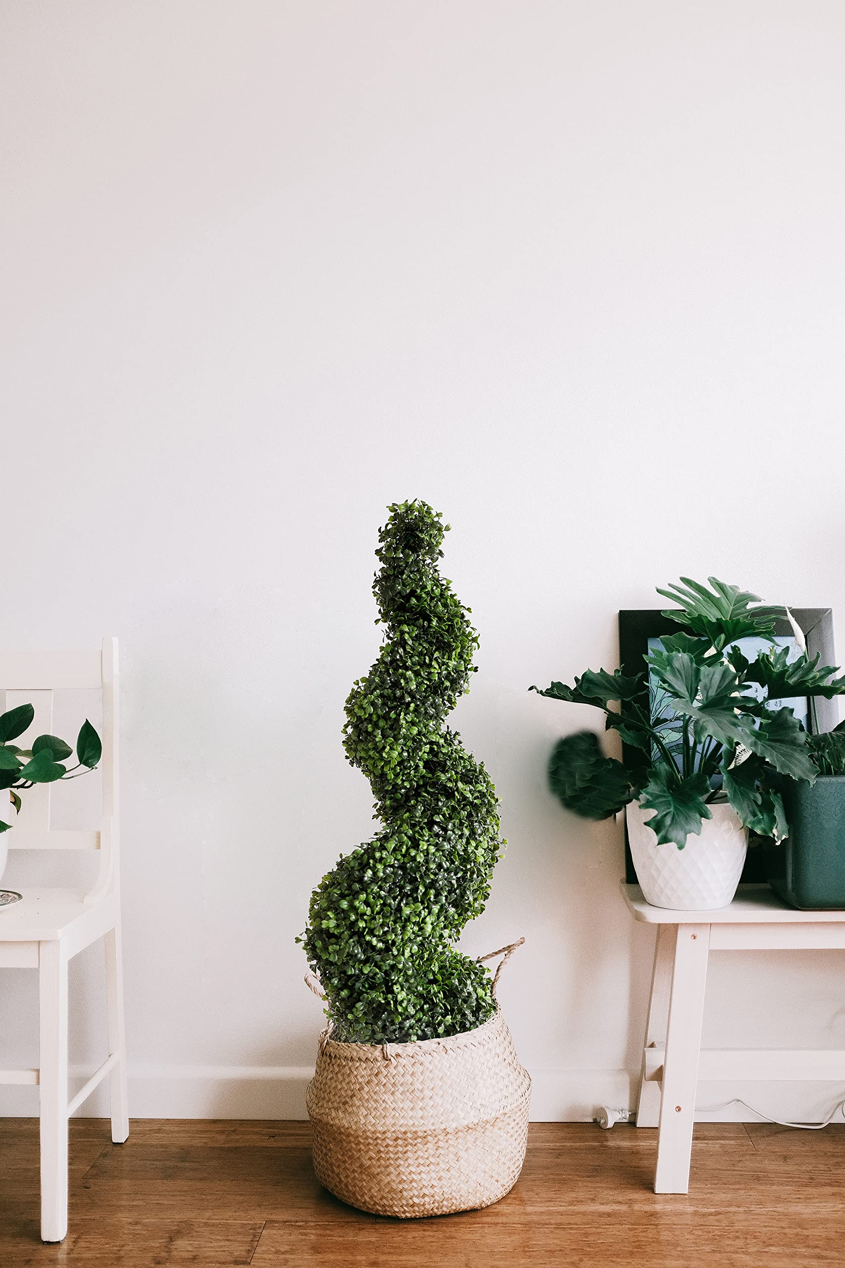 35 Inch Artificial Boxwood Spiral Topiary Trees Set of 2 - Faux Outdoor Topiary Plants in Black Pots for Patio, Garden, Porch & Home Decor