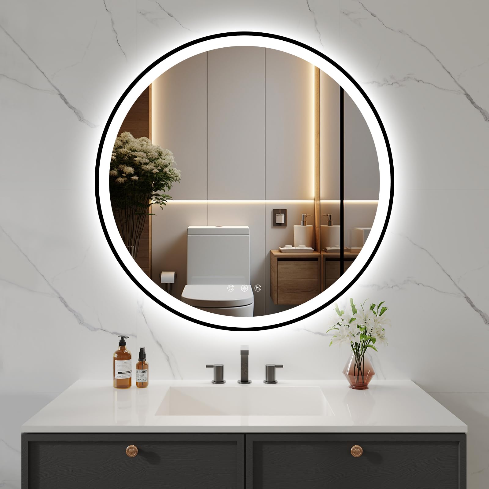 LOVESPEJO 32 Inch Round Black LED Bathroom Mirror with Anti-Fog, Dimmable Lights, 3 Color Temperature - UL Listed & IP54 Waterproof - Perfect for Vanity, Makeup, and Modern Bathroom Decor