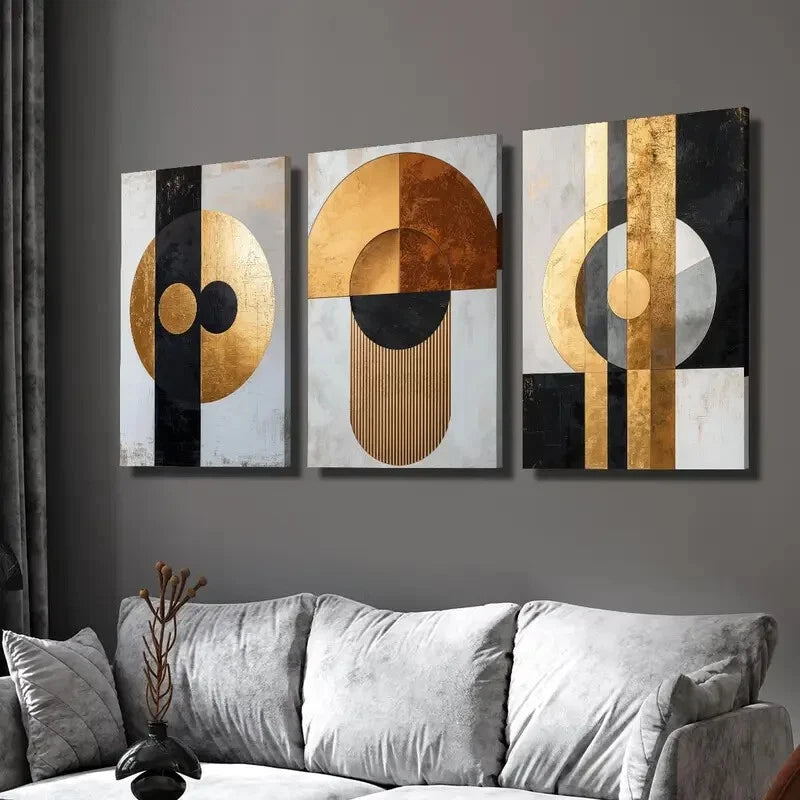 3-Piece Golden Black Geometric Abstract Wall Art Set - Framed Canvas 40x60cm - High Quality Print - 100% Australian Made - Ready to Hang - Perfect for Living Room, Bedroom & Office Decor
