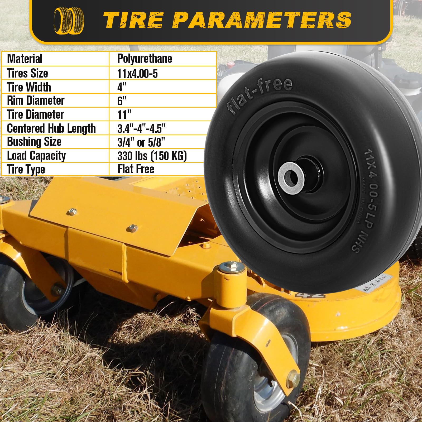 11x4.00-5 Flat Free Lawn Mower Tires - 2 Pack Solid Smooth Tractor Tires with 3/4