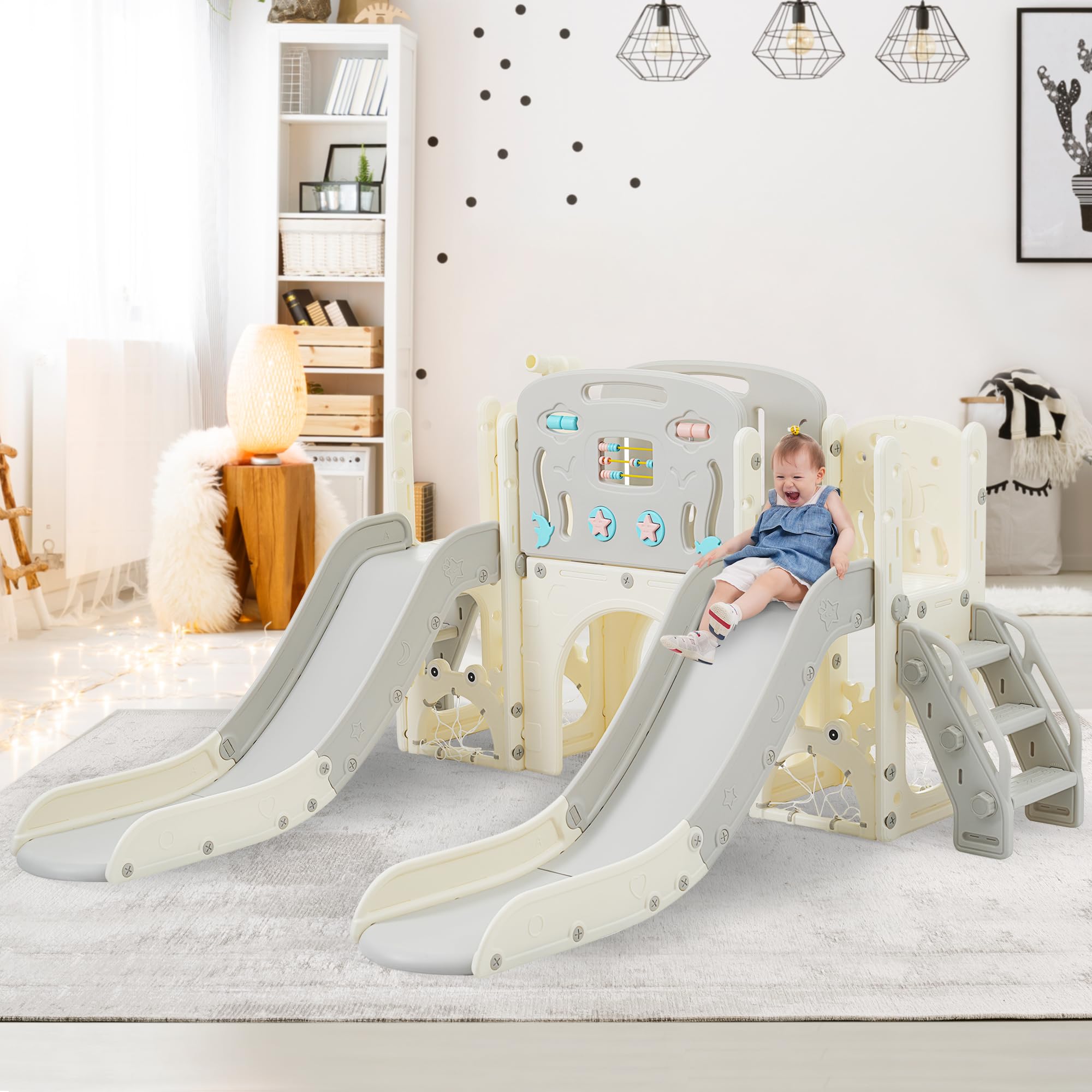 8-in-1 Toddler Double Slide Playset with Football Net & Telescope - Indoor/Outdoor Baby Slide for Kids Ages 1-5 Years - Perfect for Backyards, Playrooms & Daycare Centers