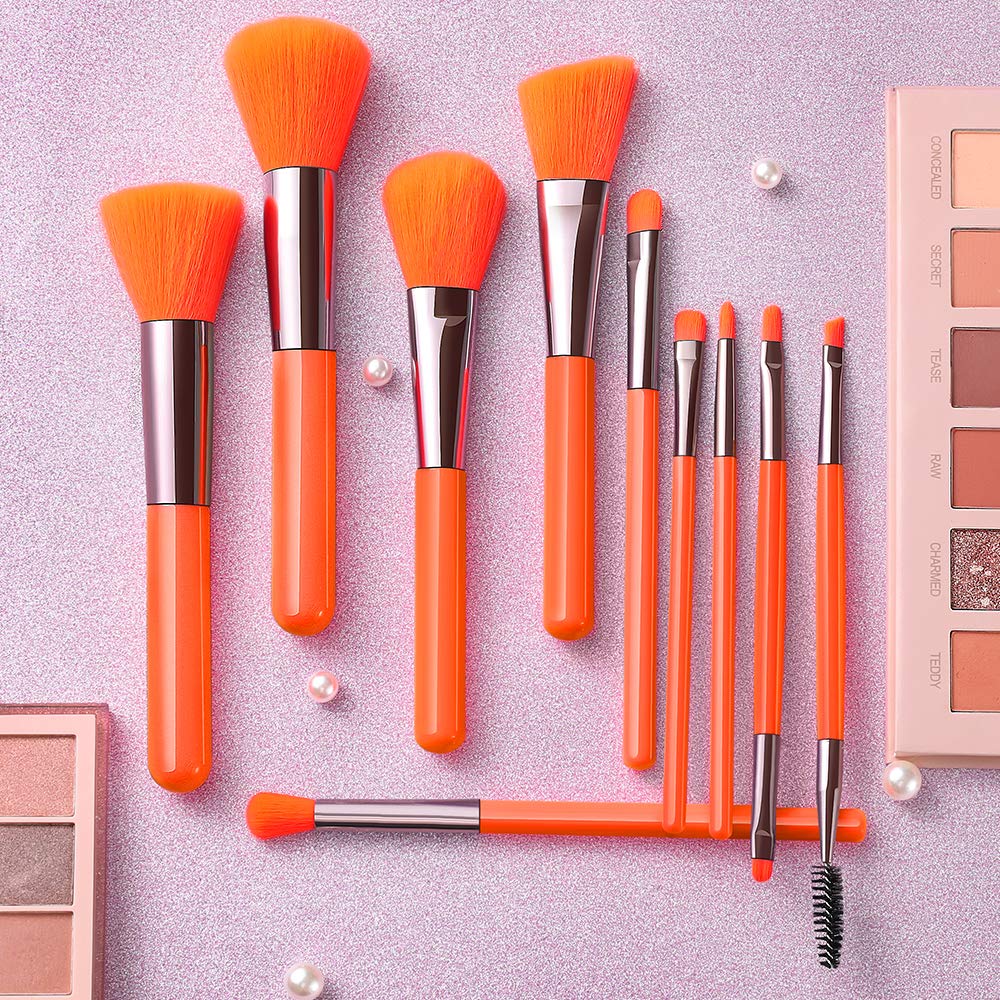 10-Piece Neon Orange Makeup Brush Set - Professional Powder, Foundation, Blush, Concealer & Eye Blending Brushes for Flawless Makeup Application | Perfect for Travel, Home & Professional Makeup Kits