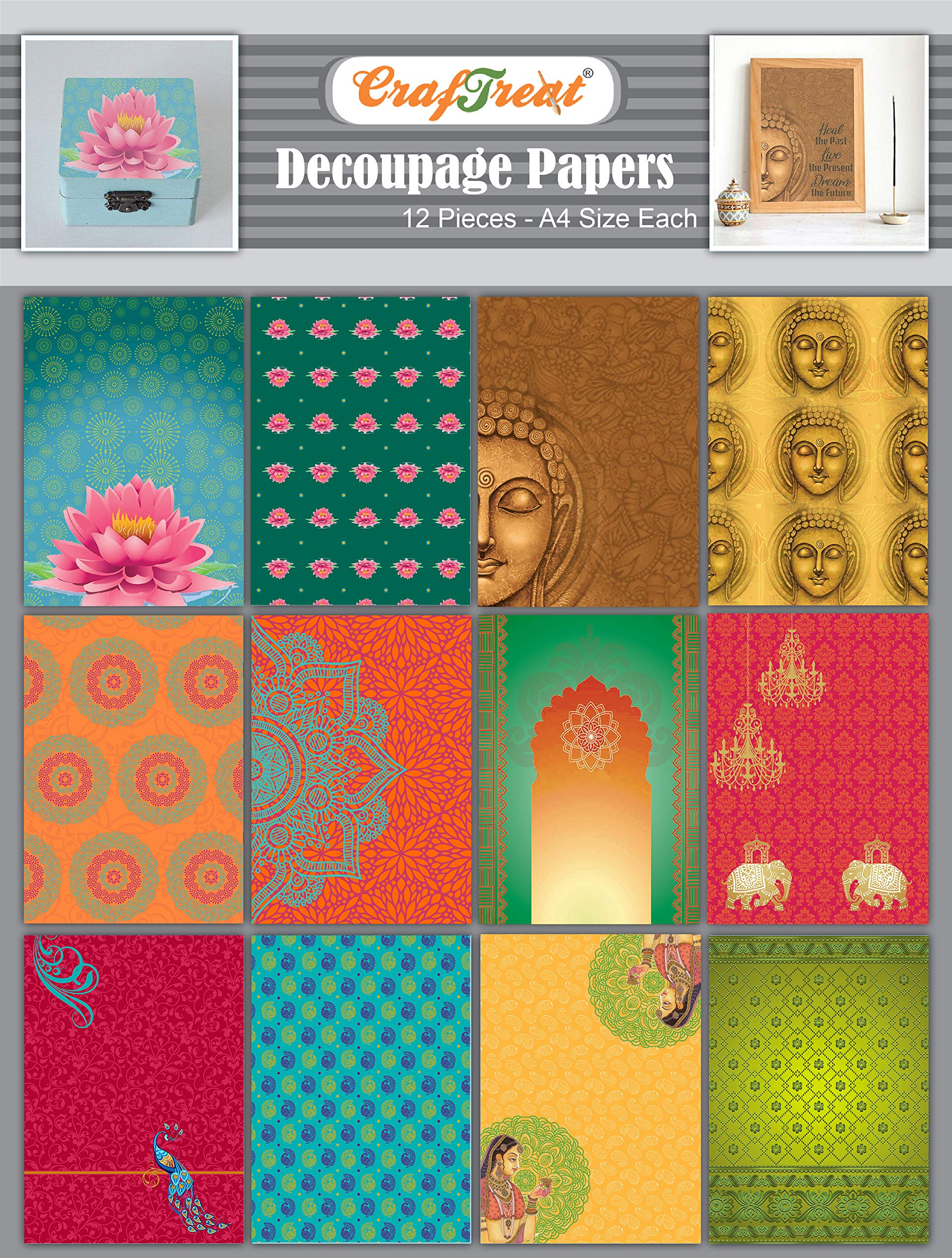 Decorative Indian Decoupage Paper for Crafts - Ethnic A4 Size (8.3 x 11.7 Inch) 12 Sheets - Buddha & Traditional Patterns - Perfect for Furniture, Scrapbooking & Home Decor Projects