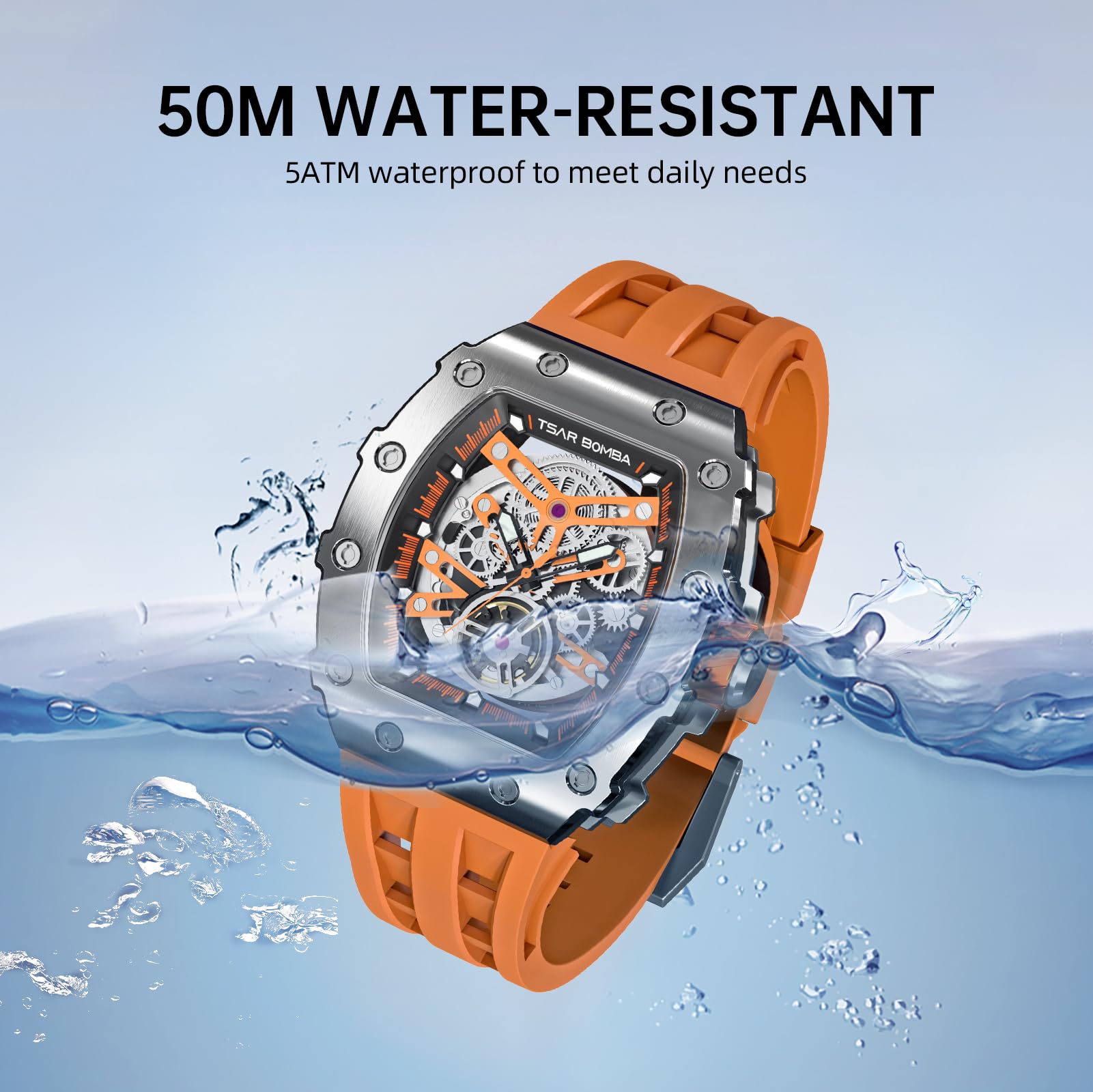 TSAR BOMBA Luxury Men's Watch - 50M Waterproof Tonneau Chronograph with Silicone Band, Mechanical Movement - Perfect for Business, Casual Wear & Gift Giving