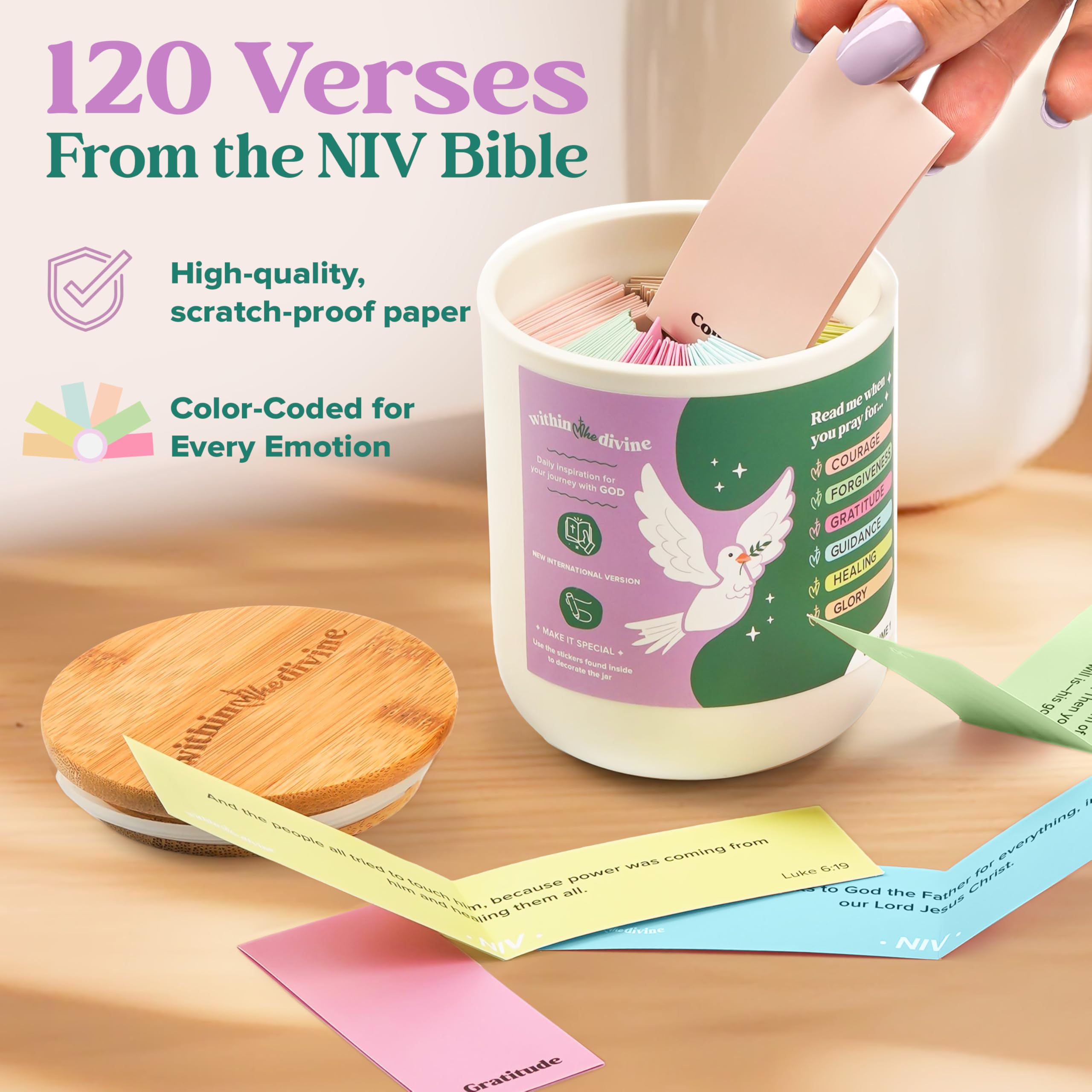 Inspirational Bible Verse Prayer Jar - 120 Color-Coded Scripture Cards for Daily Devotion, Christian Gift for Women & Men (Perfect for Easter, Bible Study & Encouragement)