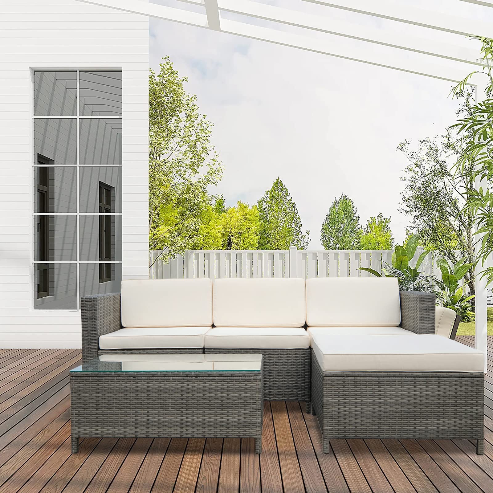5-Piece Outdoor Patio Sectional Furniture Set - Weather-Resistant Rattan Sofa with Waterproof Cushions for Balcony, Porch, Backyard, Deck & Garden - Beige - Perfect for Relaxing, Entertaining & Outdoor Gatherings