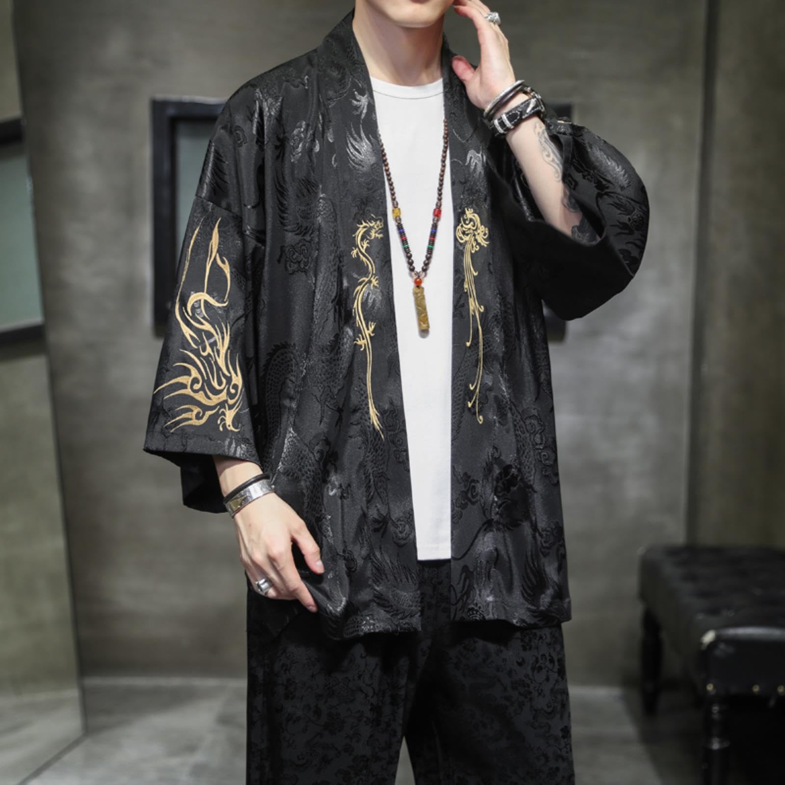 Premium Chinese Hanfu Embroidered Silk Robe - Men's Oversize Kimono Cardigan Jacket - Ancient Japanese Style Coat for Cosplay, Loungewear & Special Occasions