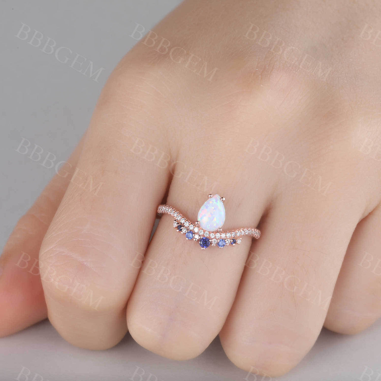 Vintage 14K Rose Gold Pear Cut White Fire Opal & Blue Sapphire Engagement Ring for Women - Elegant Wedding, Anniversary & Promise Jewelry Gift
