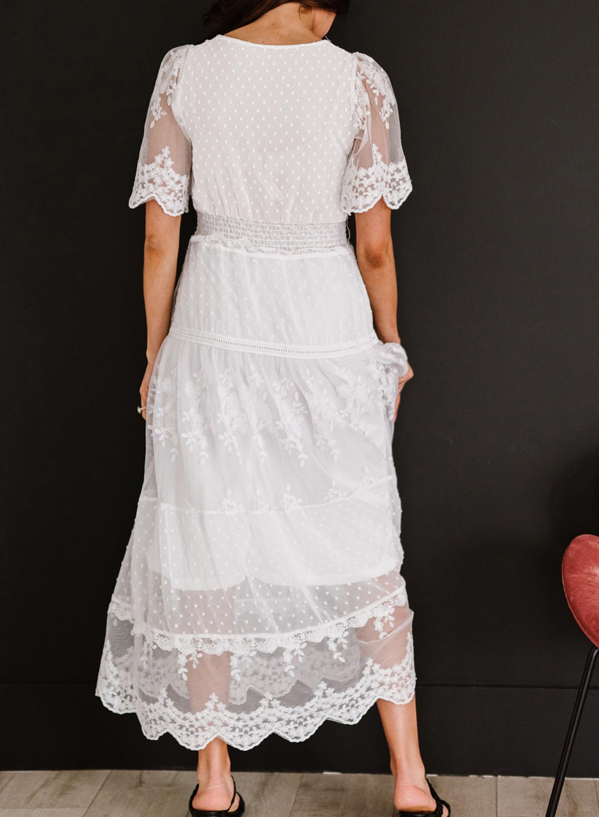 Happy Sailed Women's V-Neck Floral Lace Maxi Dress - Short Sleeve Boho Flowy Summer Dress for Beach, Wedding & Vacation | Plus Size Options Available