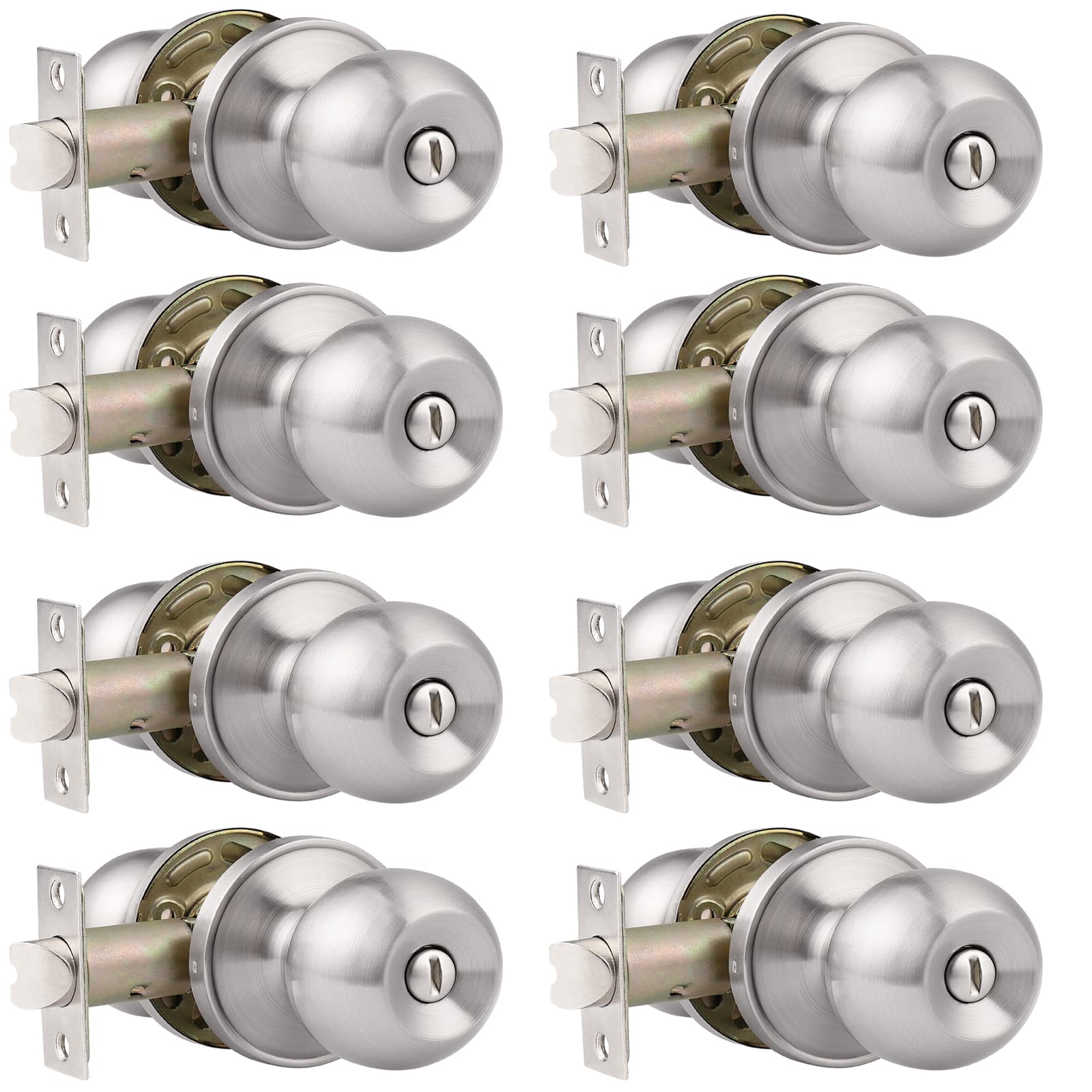 Probrico 8 Pack Satin Nickel Keyless Privacy Door Knobs - Adjustable Latch Backset for Bedroom & Bathroom Interior Doors | Secure, Easy Installation for Homes & Apartments