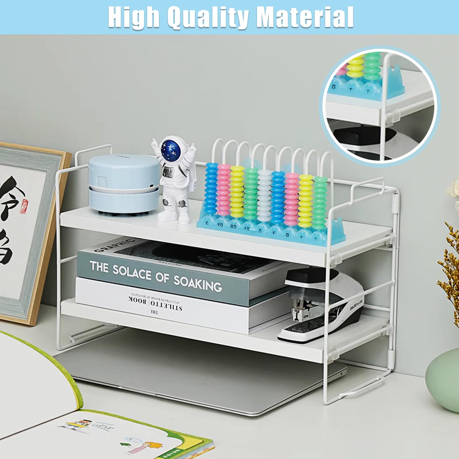 2-Tier White Desktop Organizer Shelf - Adjustable Office Supplies Storage Rack for Desk, School & Kitchen | Perfect for Organizing Pens, Files & Small Items in Workspaces, Dorms & Home Offices
