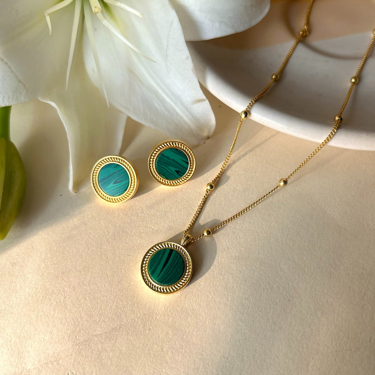 Harmony Pendant Necklace & Stud Earrings Set - Genuine Malachite Jewelry for Women, Gift for Her | Perfect for Weddings, Anniversaries & Special Occasions