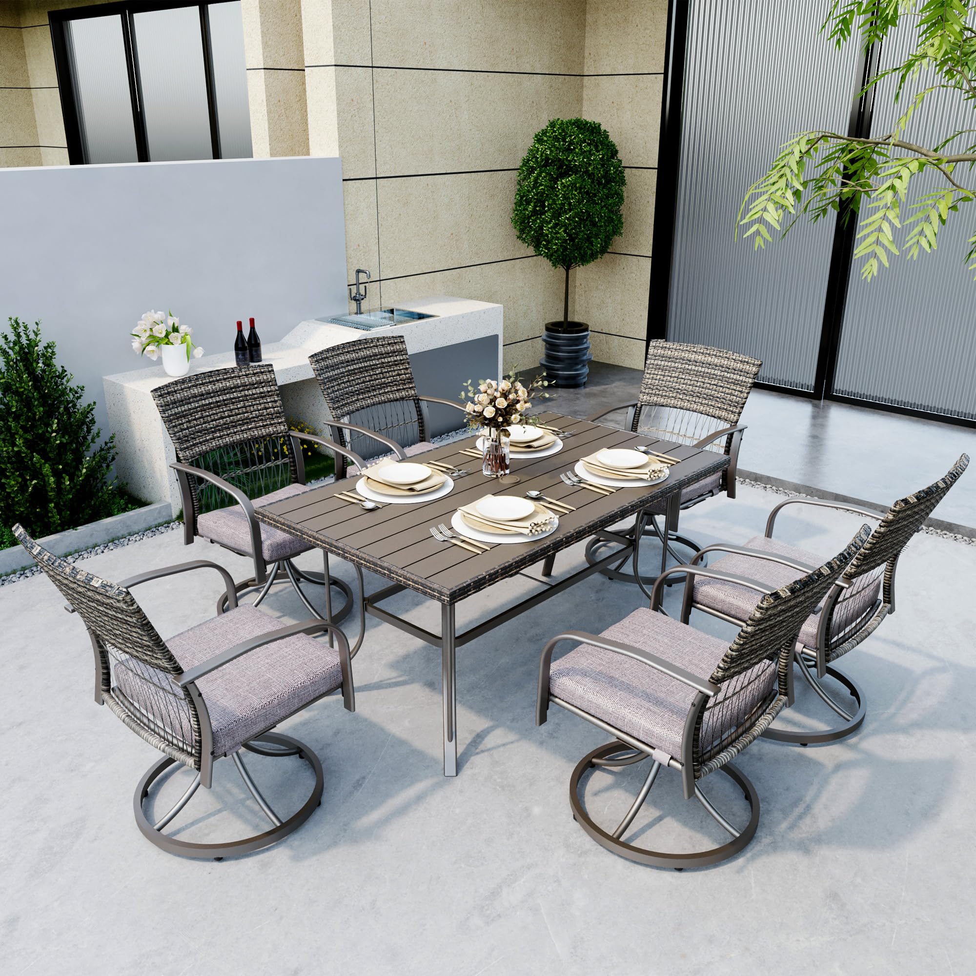**Pamapic 7-Piece Outdoor Dining Set for 6 - Wicker Patio Furniture with Iron Table & Swivel Rocking Chairs - Includes 6 Removable Cushions (Gray) - Perfect for Backyard, Garden, Deck & Poolside Dining**