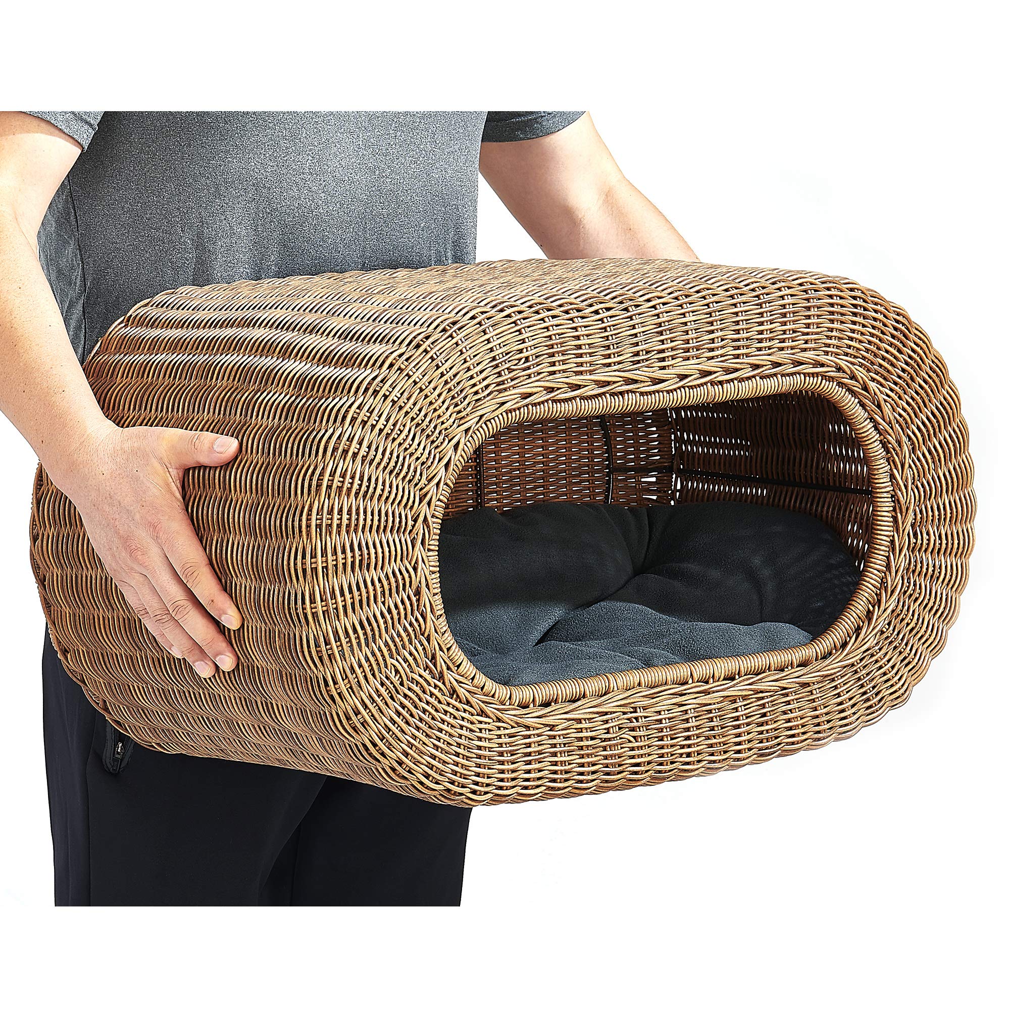Stackable Cat Condo with Enclosed Bed - Interactive Faux Rattan Cat House for Indoor Play | Multi-Level Cat Tower with Top & Side Entries | Perfect for Small Spaces & Multi-Cat Homes
