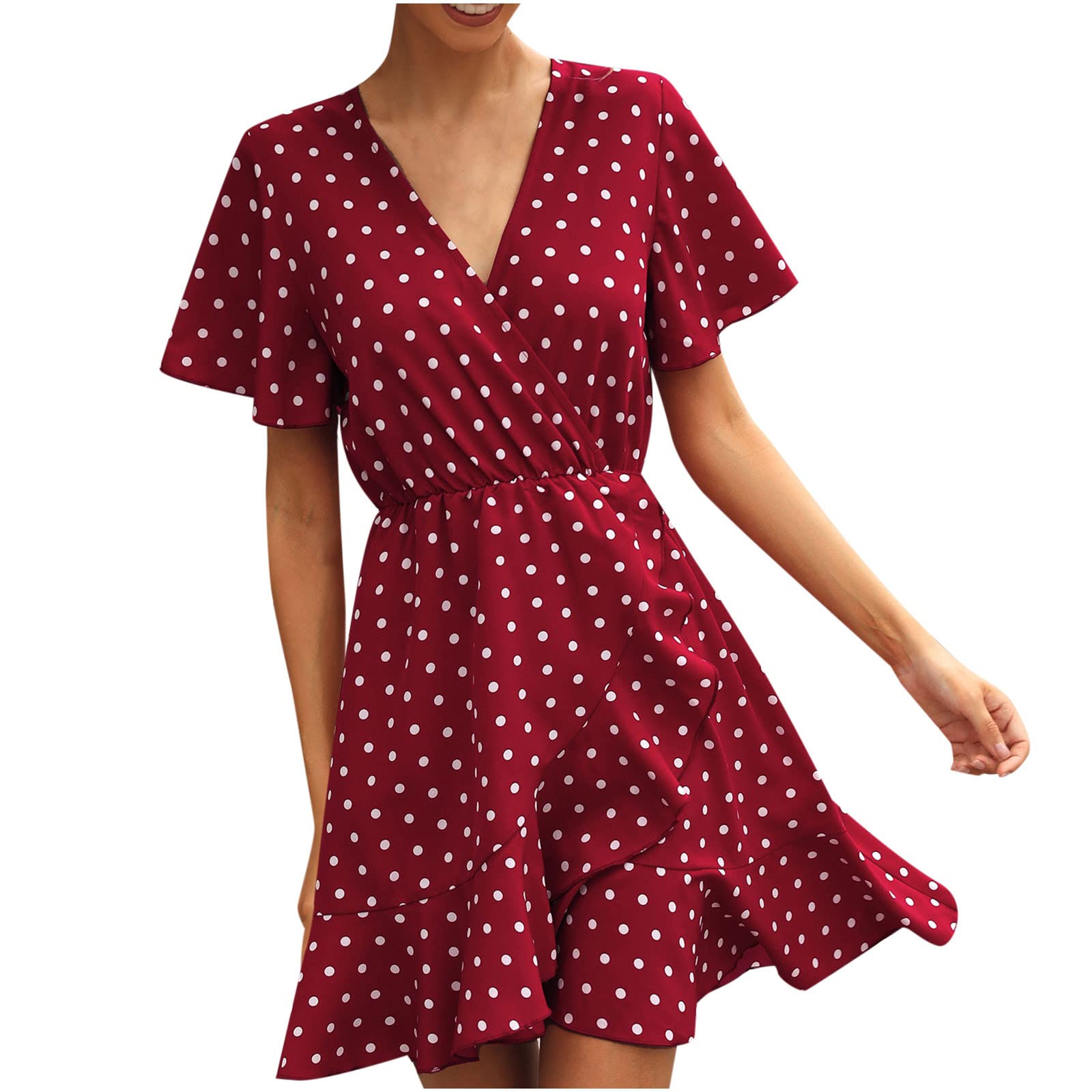 ASNTRGD Women's Summer Wedding Guest Dress - Short Sleeve Sexy V-Neck Polka Dot Party Dress with Ruffles | Elegant Cocktail Attire for Bridal Showers, Garden Parties & Date Nights