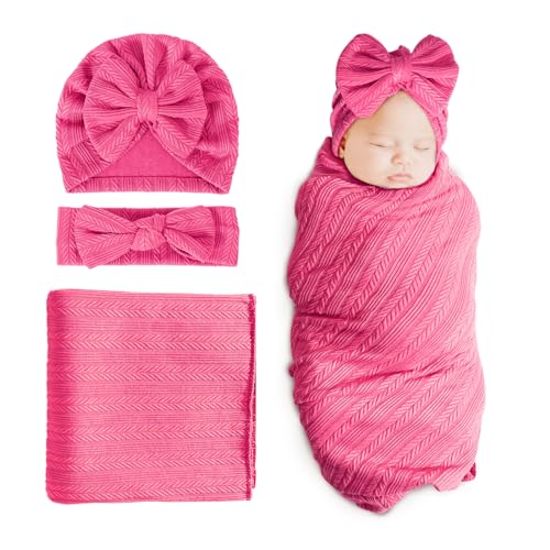 1 Set: Wheat-pattern Hat + Hairband + Blanket (Fuschia)