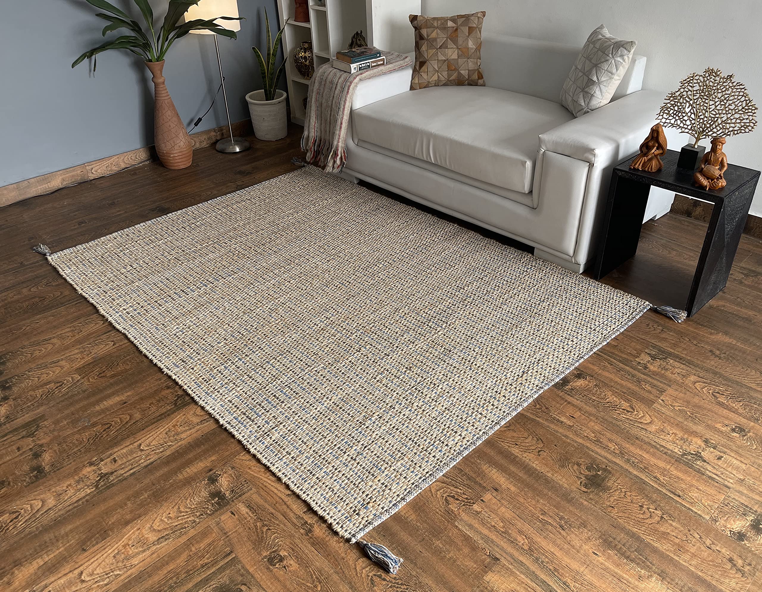 Handmade Natural Hemp & Cotton Carpet - 5' x 7' Ocean Blue Rug for Living Room, Bedroom, Family Room - Easy Maintenance, Eco-Friendly Floor Decor for Cozy Home Ambiance