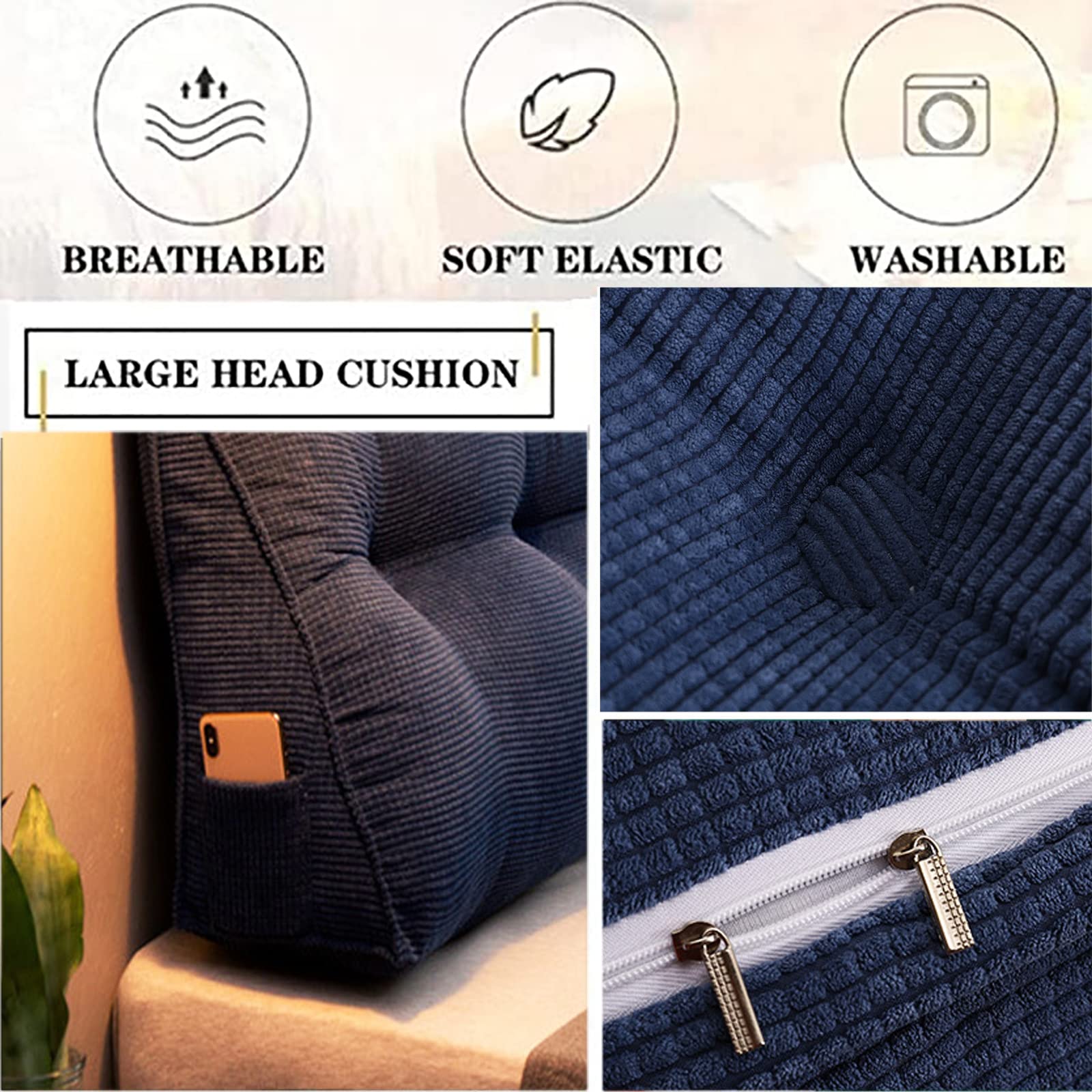 **Large Triangular Bed Wedge Pillow - Velvet Headboard Support Cushion for Reading & Backrest Positioning | Daybed, Sofa & Lounge Use**