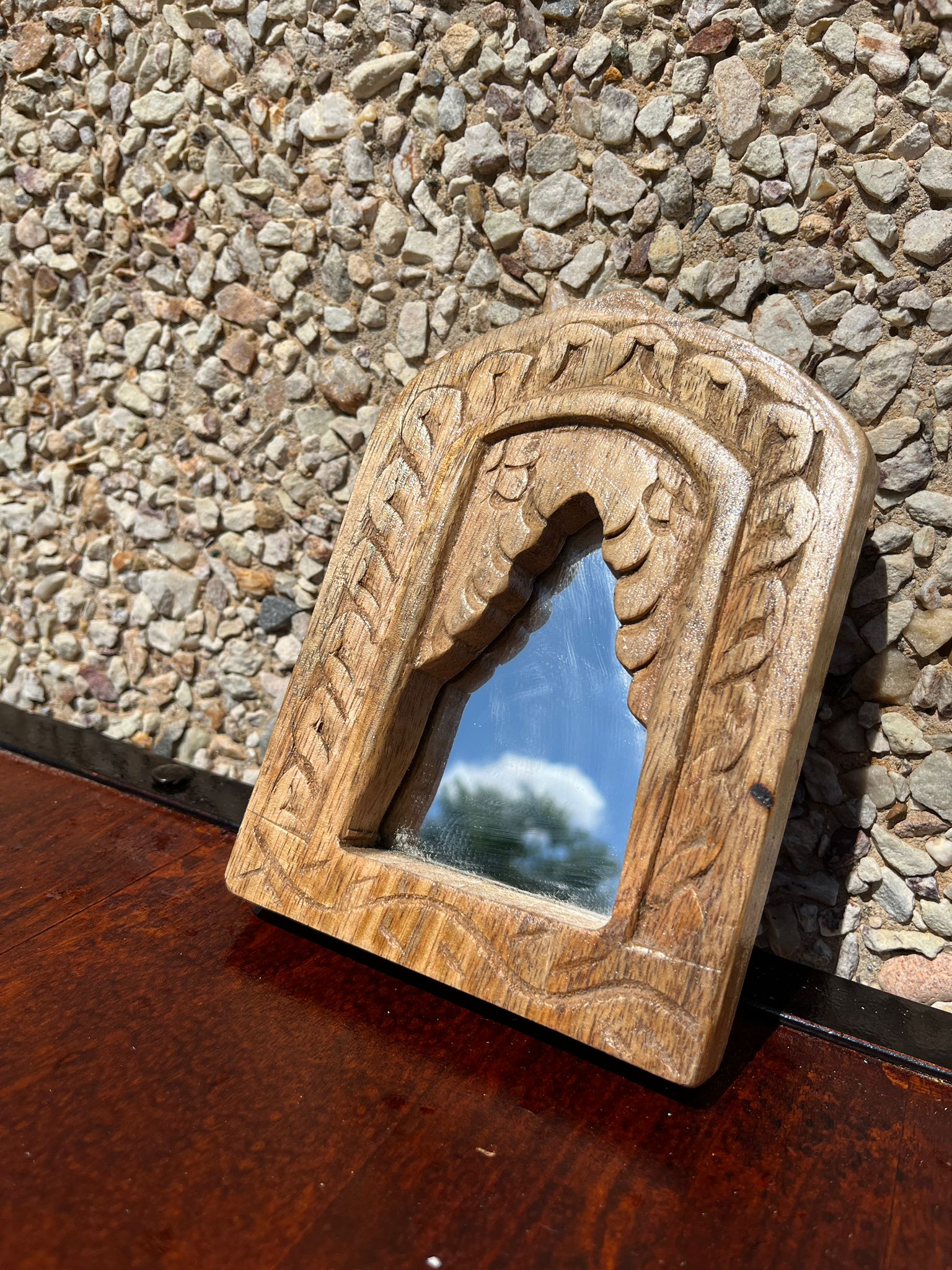 Hand Carved Indian Solid Wood Temple Mirror - Brown 101 - Elegant Wall Decor for Home, Office & Meditation Spaces
