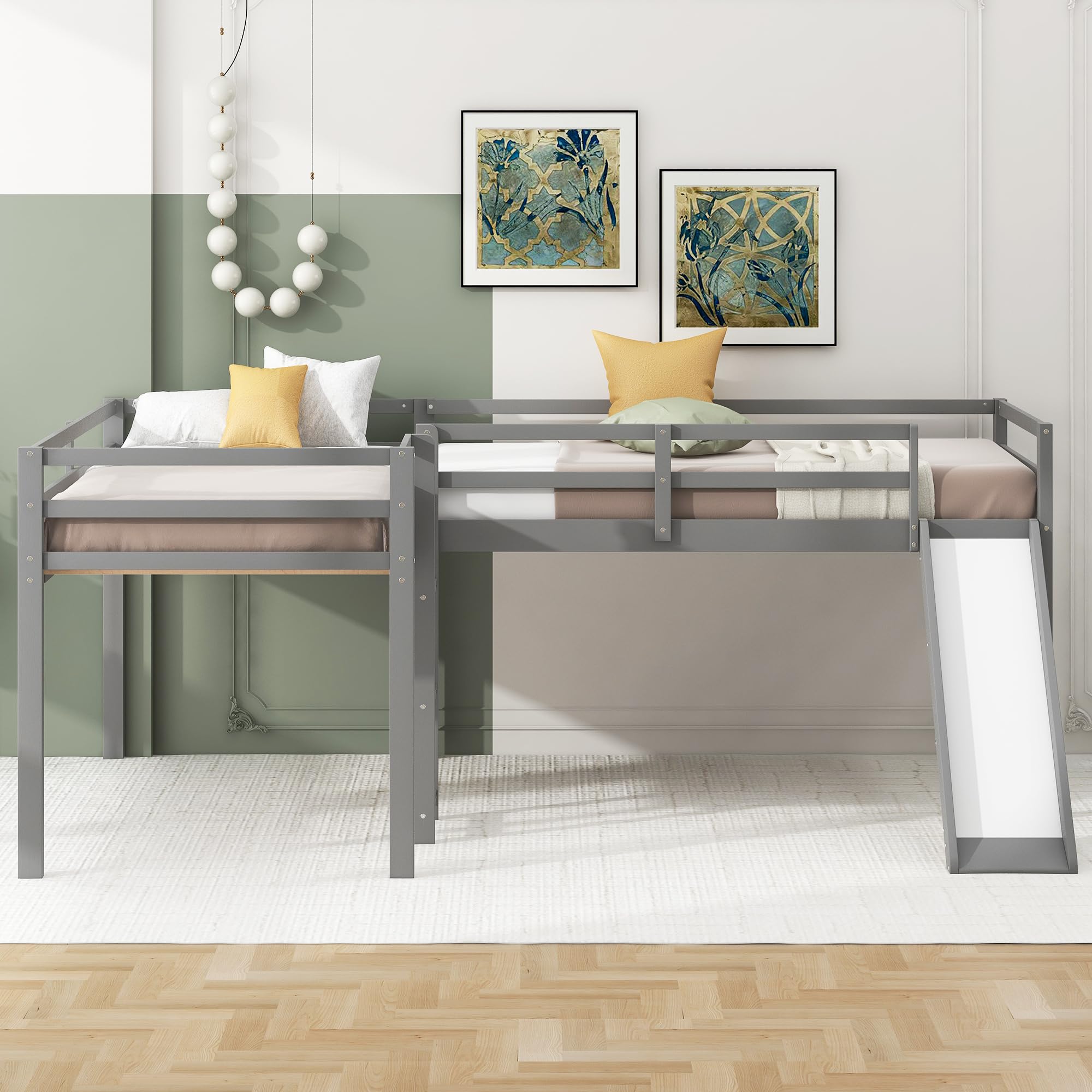 Harper & Bright Designs Twin L-Shaped Loft Bed with Slide - Grey Wooden Bunk Bed for Kids & Teens - Country Style Loft Bed with 200 Lbs Weight Capacity - Perfect for Small Bedrooms, Playrooms & Dorm Rooms