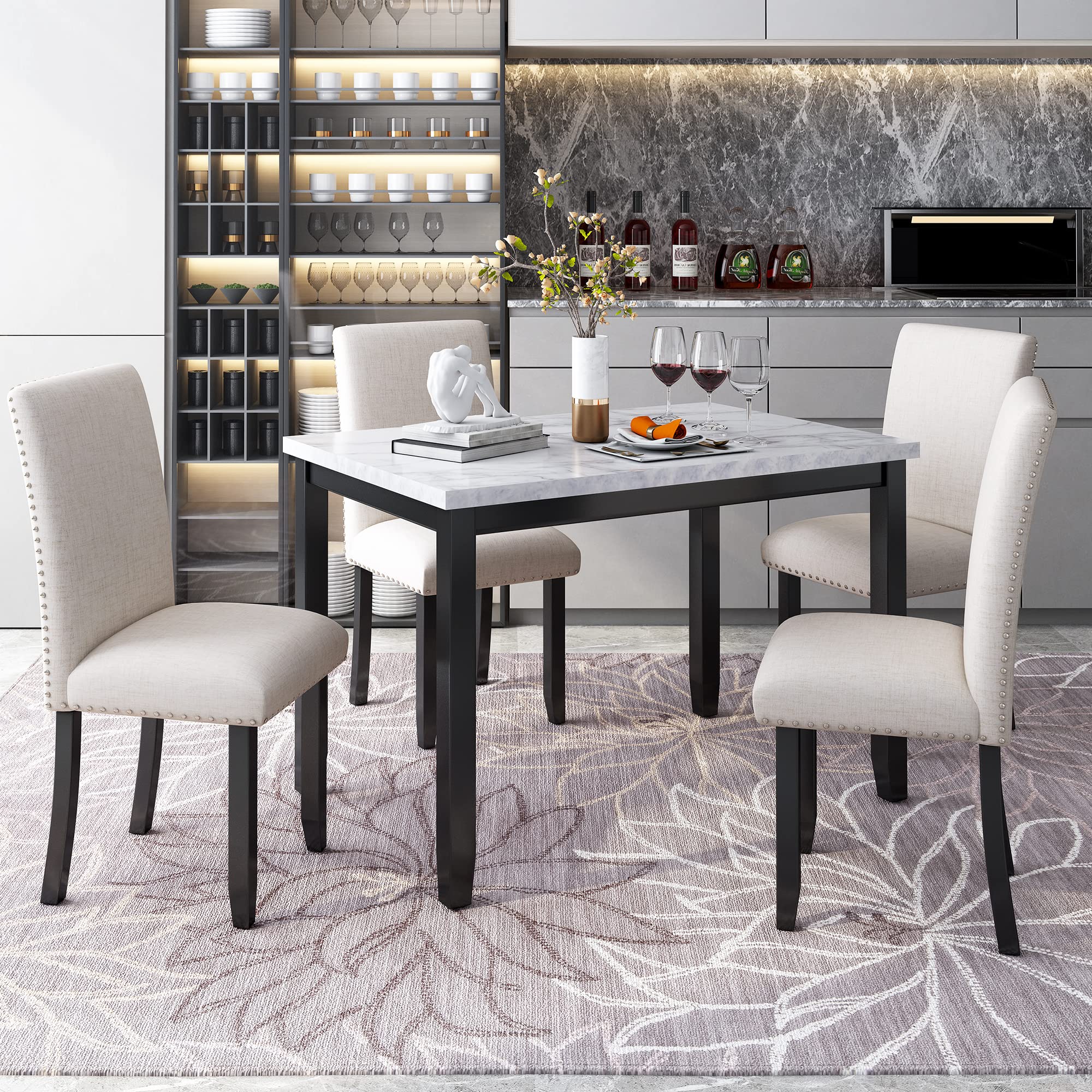 LZ LEISURE ZONE 4-Piece Dining Table Set with Chairs - Modern Kitchen & Dining Room Furniture for Home or Restaurant - White/Beige & Black Color Options - Perfect for Small Spaces, Family Meals, and Entertaining Guests