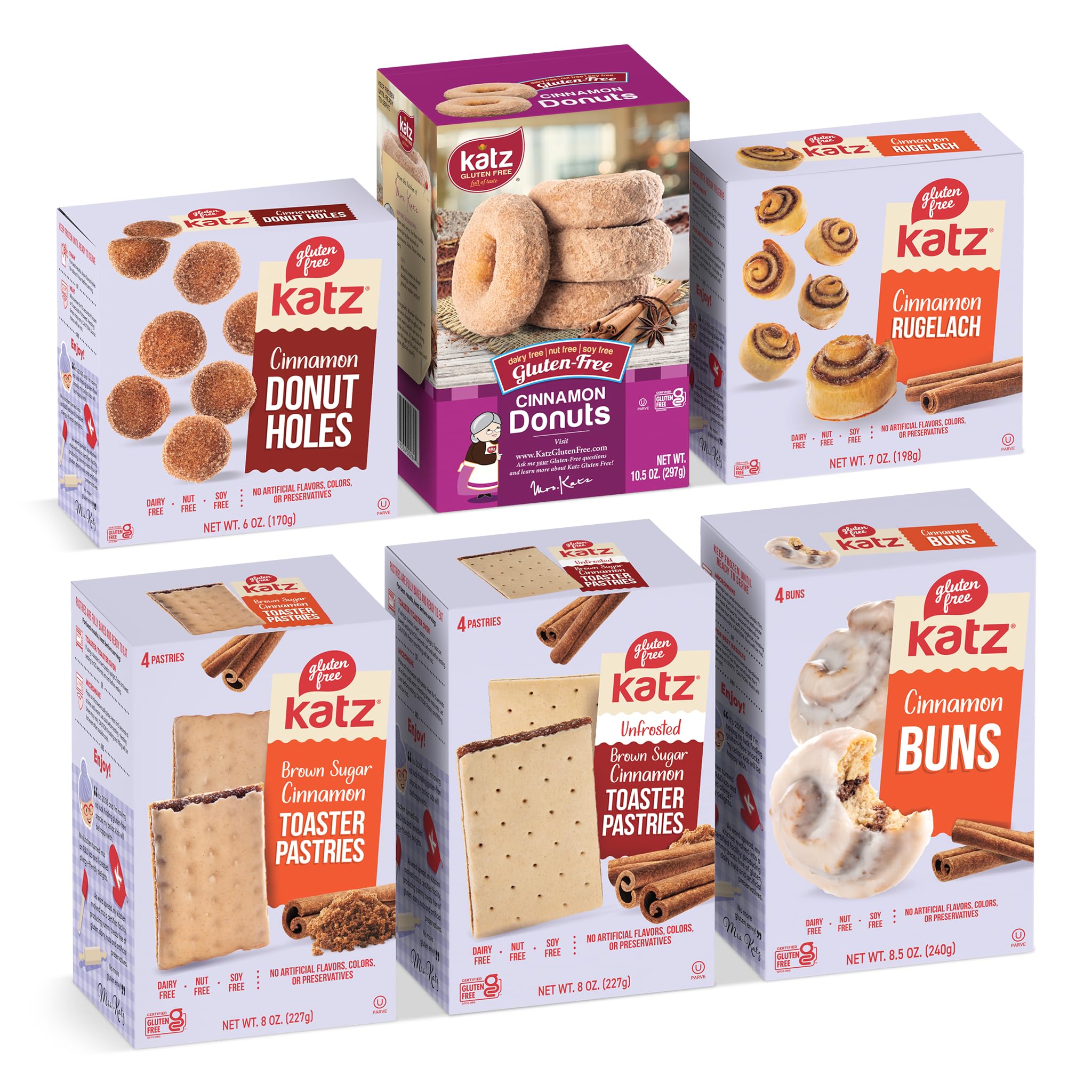 Katz Gluten Free Cinnamon Lovers Variety Pack - 6 Pack | Includes Cinnamon Buns, Toaster Pastries, Rugelach, Donuts & Donut Holes | Nut Free, Soy Free, Kosher Certified | Perfect for Breakfast, Snacks & Desserts | Allergy Friendly Treats for Adults & Kids