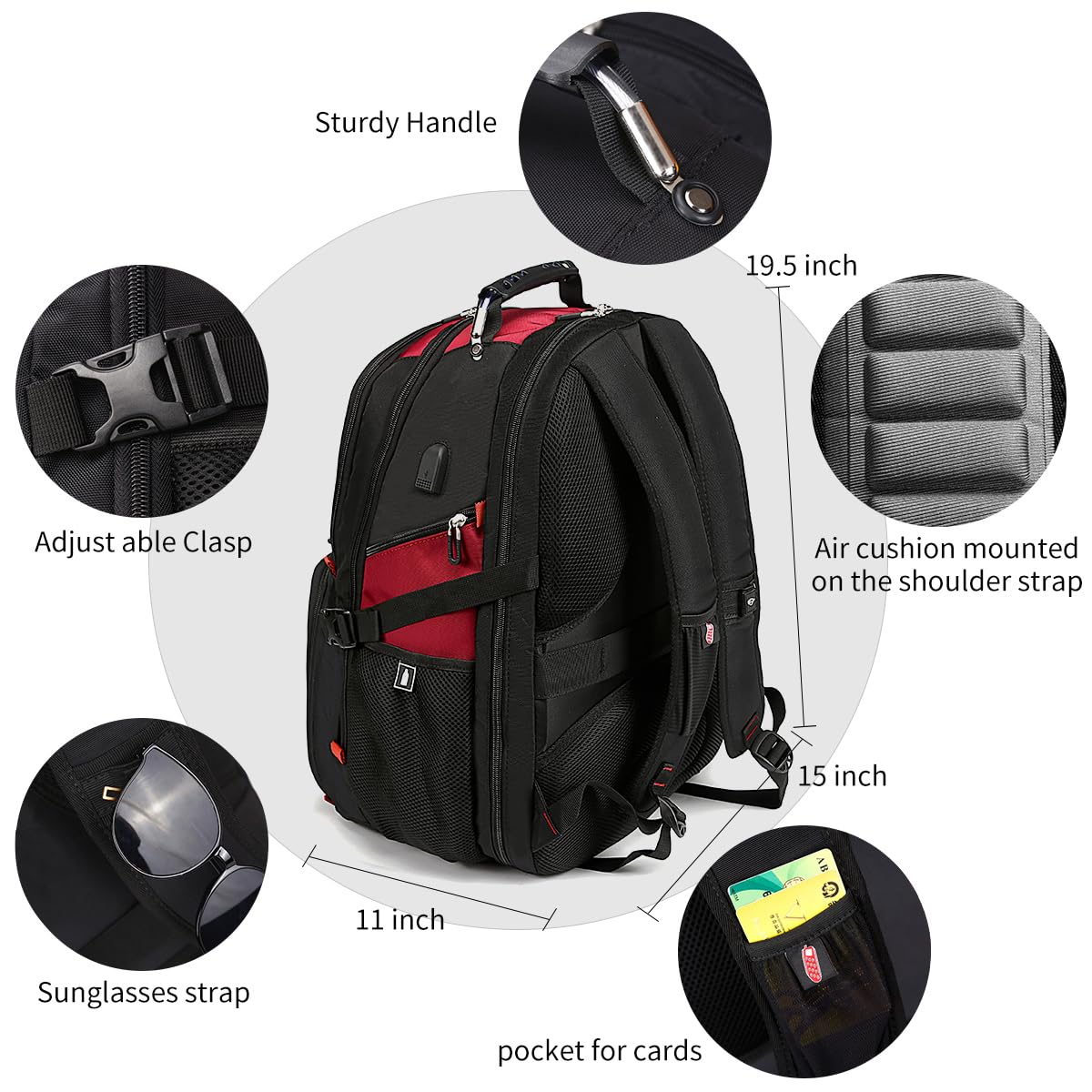 SHRRADOO 50L Extra Large Travel Laptop Backpack with USB Charging Port - Airline Approved Business Backpack for Men & Women - Fits 17 Inch Laptops - Perfect for College, High School, Work & Commuting - Red