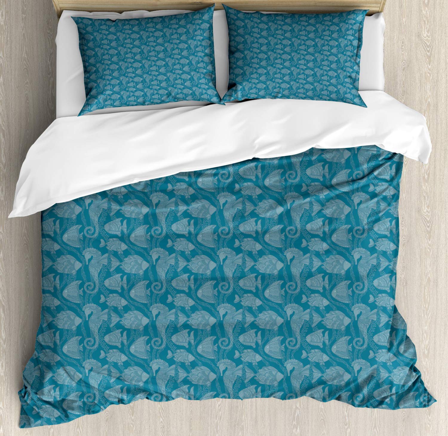 Ambesonne King Size Fish Duvet Cover Set - Underwater Fauna Sketch Design with Plants, Fish and Seahorses | 3-Piece Blue Grey Petrol Blue Bedding Set with 2 Pillow Shams | Perfect for Ocean-Themed Bedrooms, Beach House Decor & Marine Life Lovers