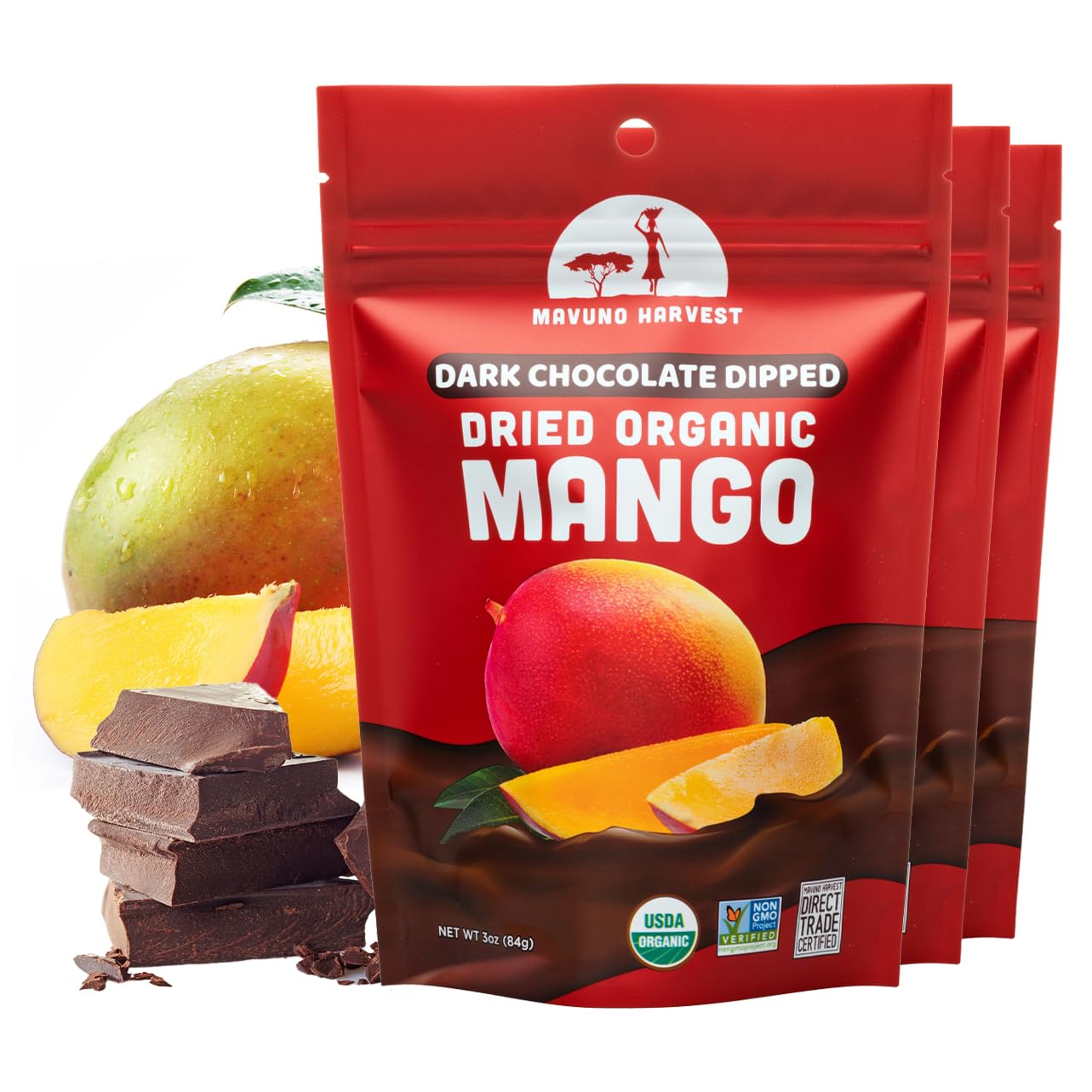 Organic Dark Chocolate Covered Mango Slices - Fair Trade, Vegan, Non-GMO, No Preservatives - Healthy Snack for Work, Travel & Gifts - 3 Pack (3 oz Each)