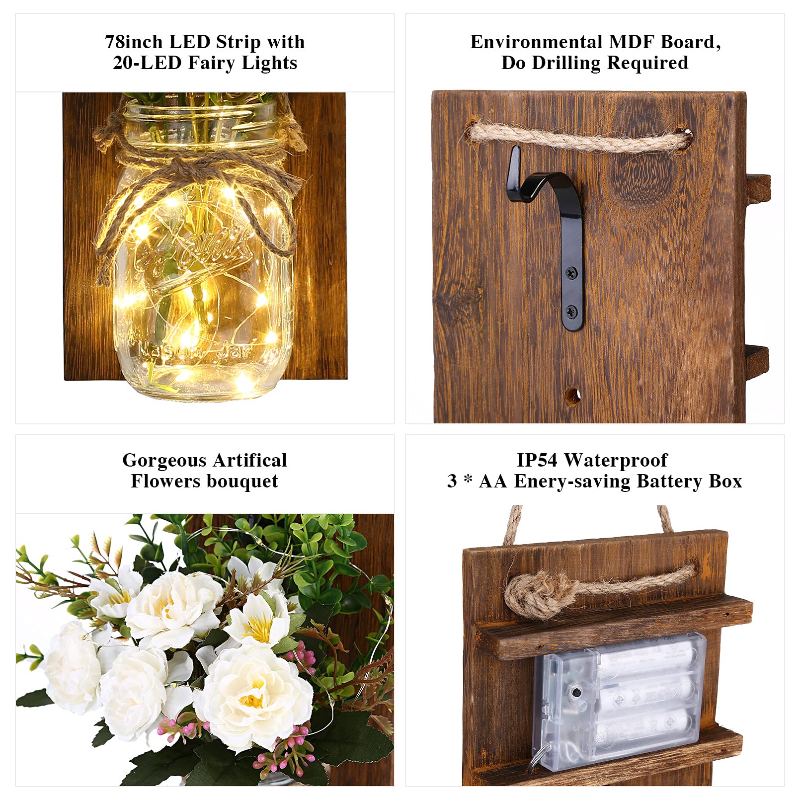 Lightess Mason Jar Wall Sconces with Remote Control - Rustic LED Fairy Lights with White Roses (Set of 2) - Farmhouse Decor for Dining Room, Living Room, Bedroom & Patio - Perfect for Romantic Ambiance, Wedding Decor and Cozy Home Lighting