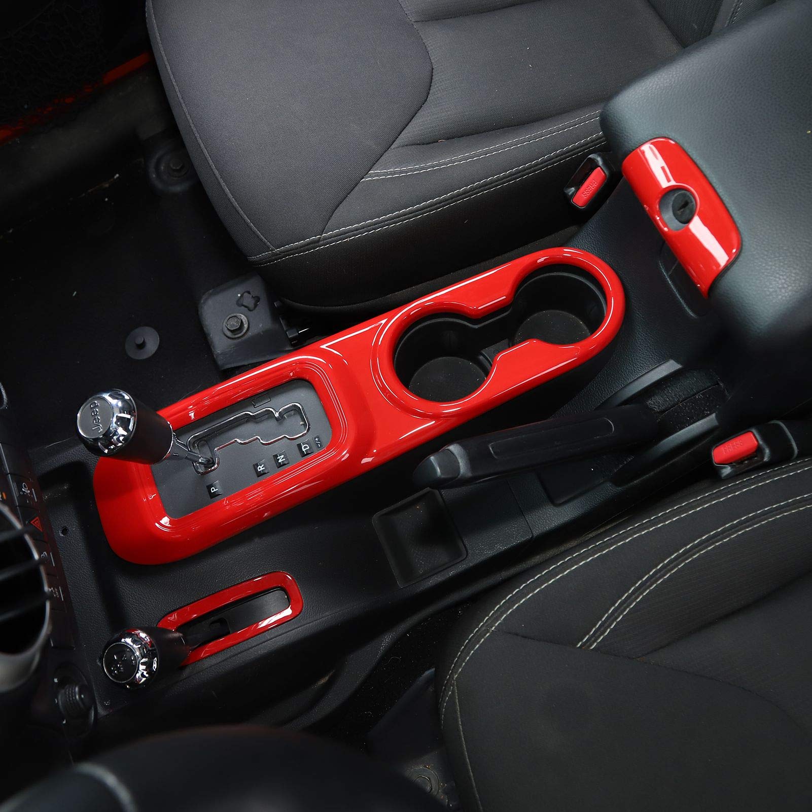 Jeep JK Center Console Armrest Cup Holder & Gear Shift Trim - ABS Red (3pcs) | Compatible with 2011-2018 Jeep Wrangler JK & JKU | Interior Accessories for Enhanced Comfort & Organization