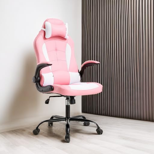 Ergonomic Gaming Chair with Lumbar Support & Flip-Up Arms - Adjustable Pink PU Leather Racing Office Chair for Women - Perfect for Home Office, Gaming Setup & Computer Workstations