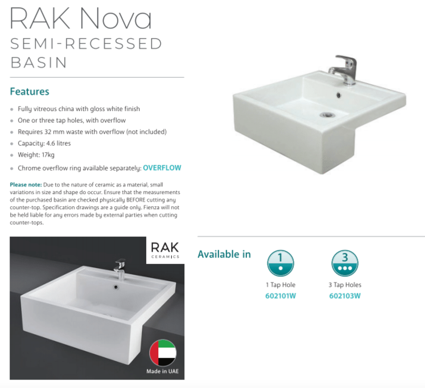 Fienza 602101W Nova Semi-Recessed 1 Tap Hole RAK Ceramic Bathroom Sink Basin in White - Perfect for Modern Vanities, Powder Rooms & Small Bathroom Spaces